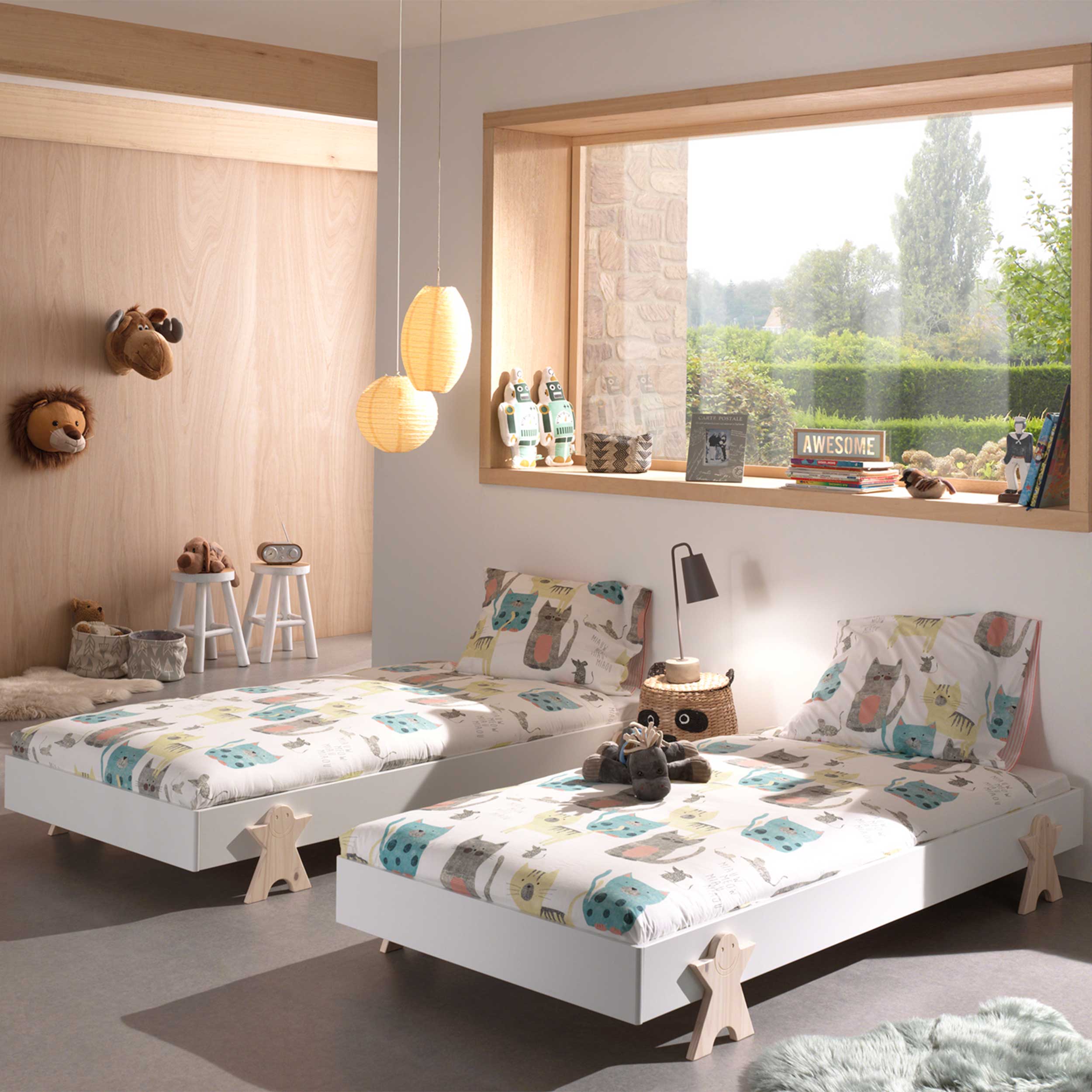 Lit d'enfants Modulo Smiley 90x200 empilable ensemble de 2 - blanc/bois de pin