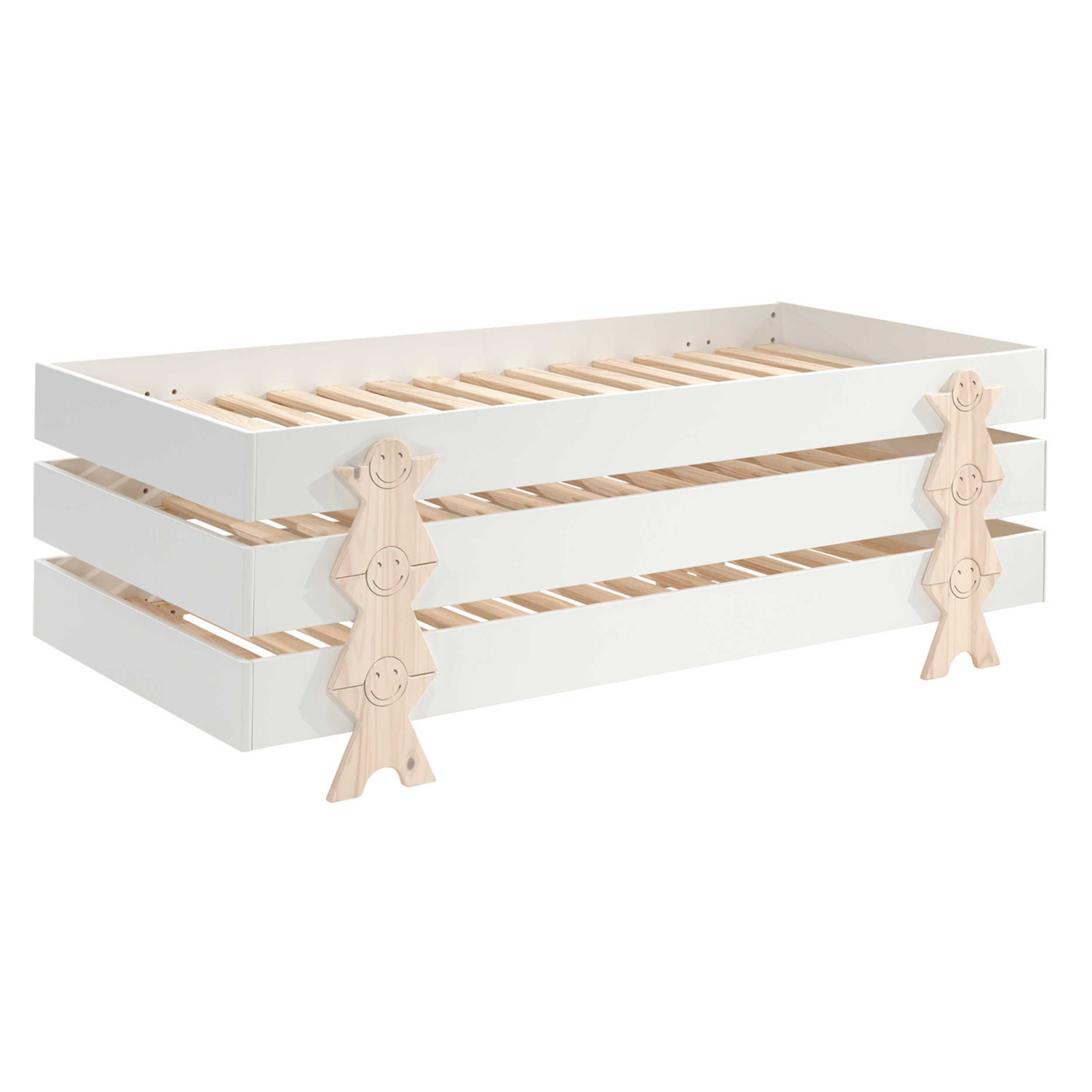 Lit d'enfants Modulo Smiley 90x200 empilable ensemble de 3 - blanc/bois de pin