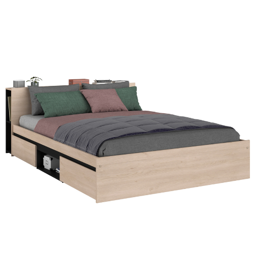 Lit double Bruxelles 148cm-2 étagères, 2 tiroirs, 1 espace de rangement-noir/chêne - Image 4