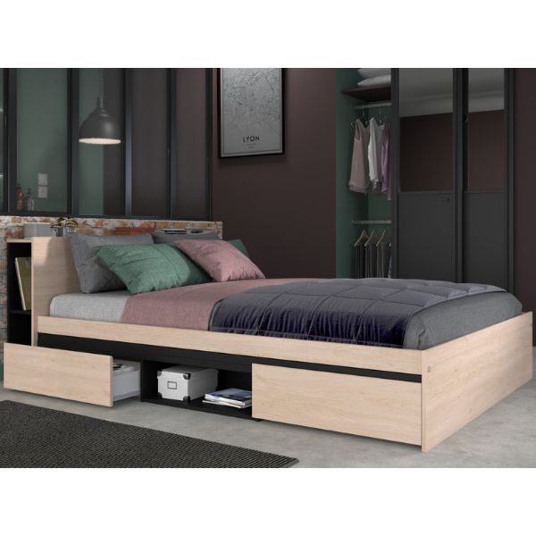 Lit double Bruxelles 148cm-2 étagères, 2 tiroirs, 1 espace de rangement-noir/chêne