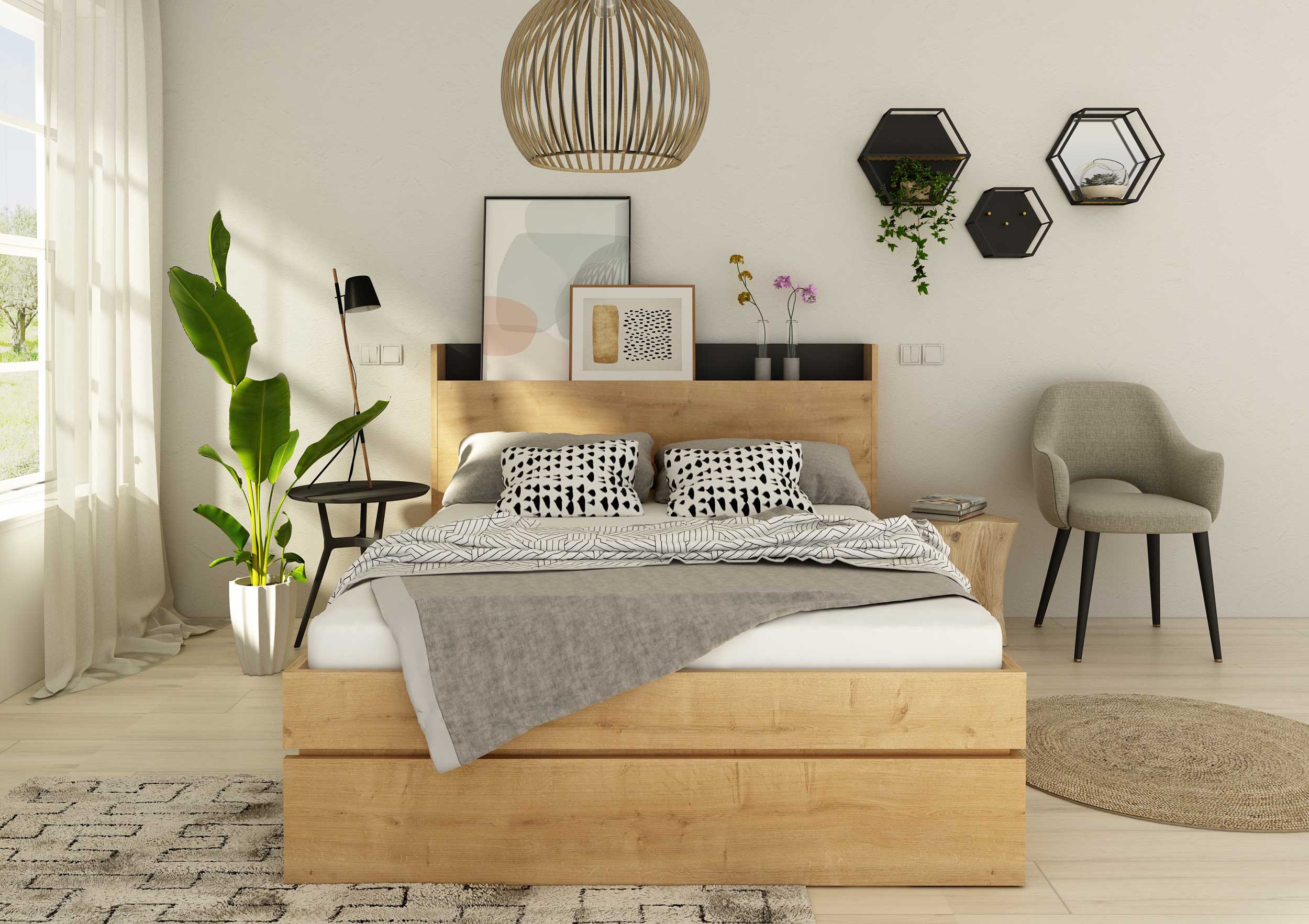 Lit double Sanna 140x190 - chêne clair/ noir - Image 5