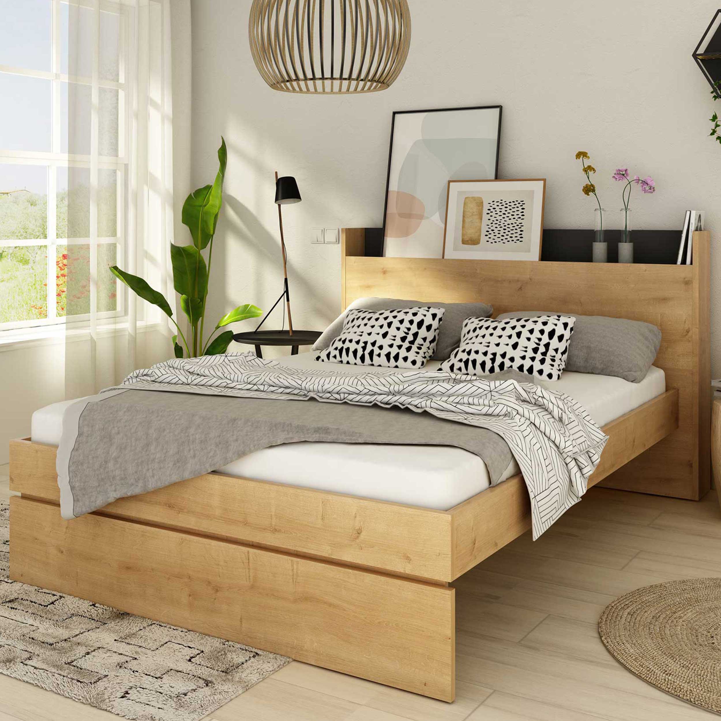 Lit double Sanna 140x190 - chêne clair/ noir