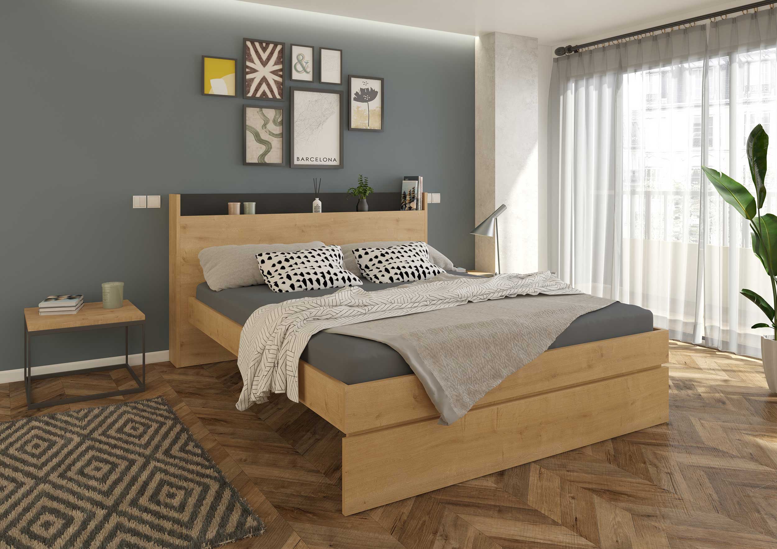 Lit double Sanna 160x200 - chêne clair/ noir - Image 4