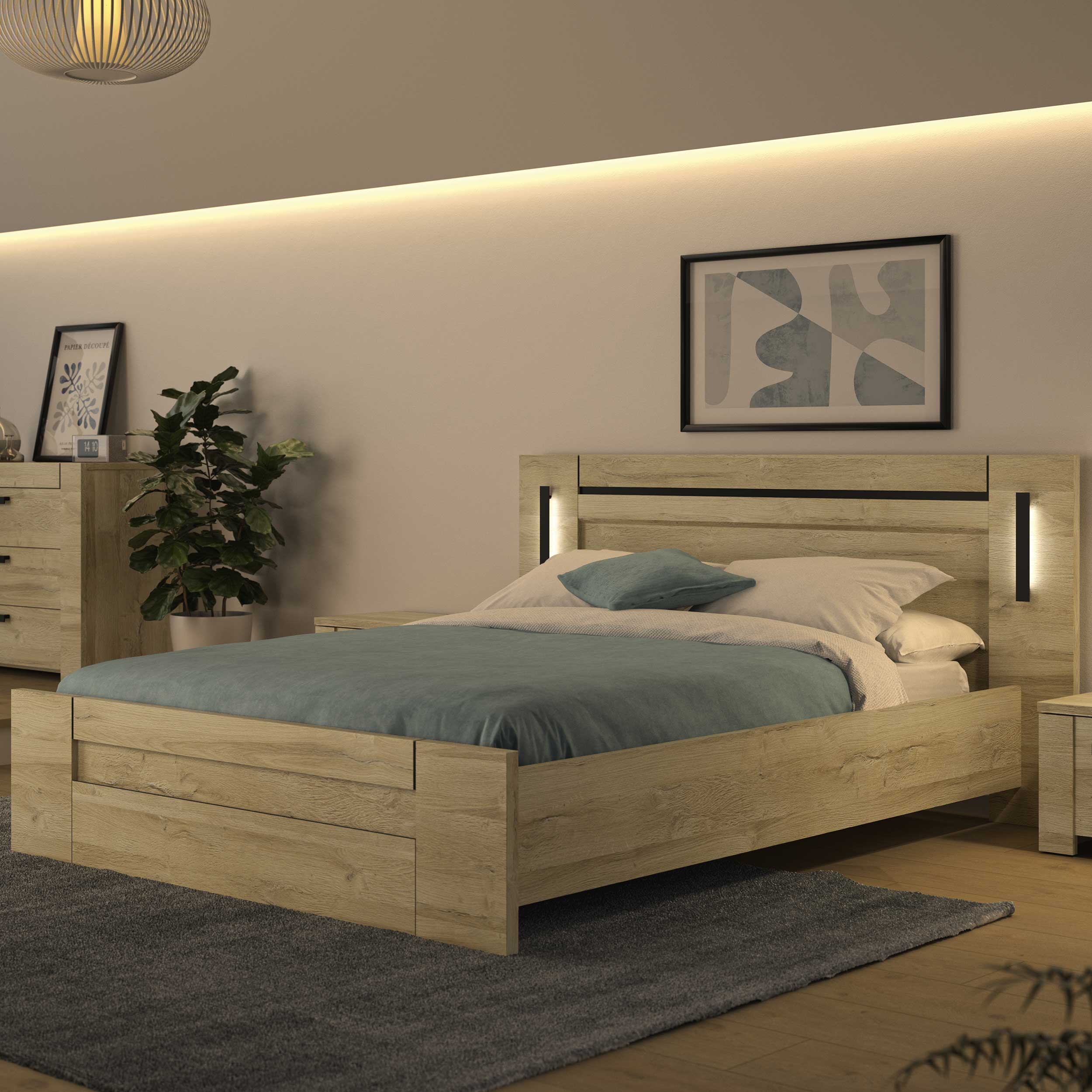 Lit double Soren 140x190cm avec éclairage - chêne - Image 4