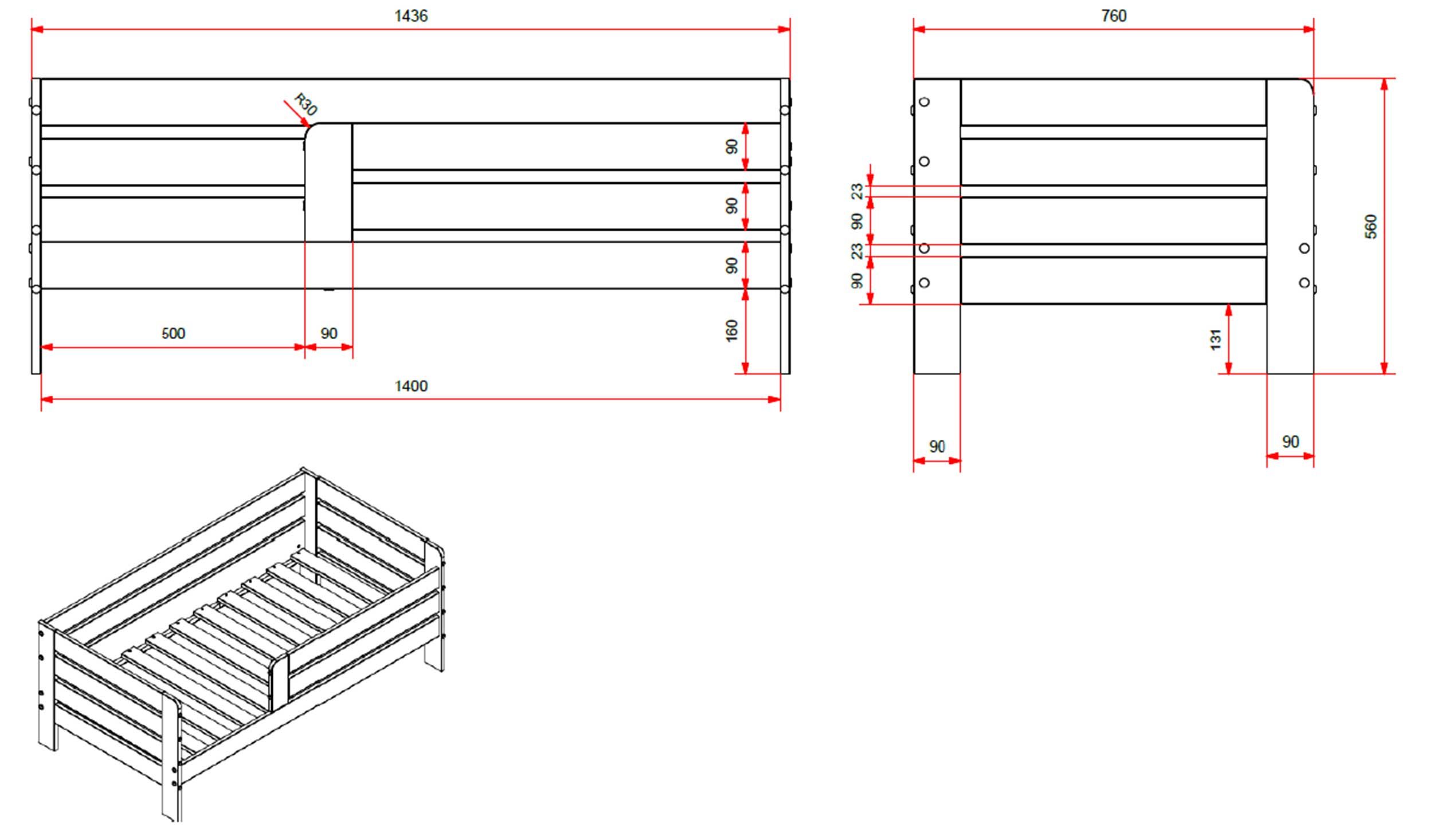 Lit junior Anastasia 70 x 140cm bois pin - blanc - Image 3
