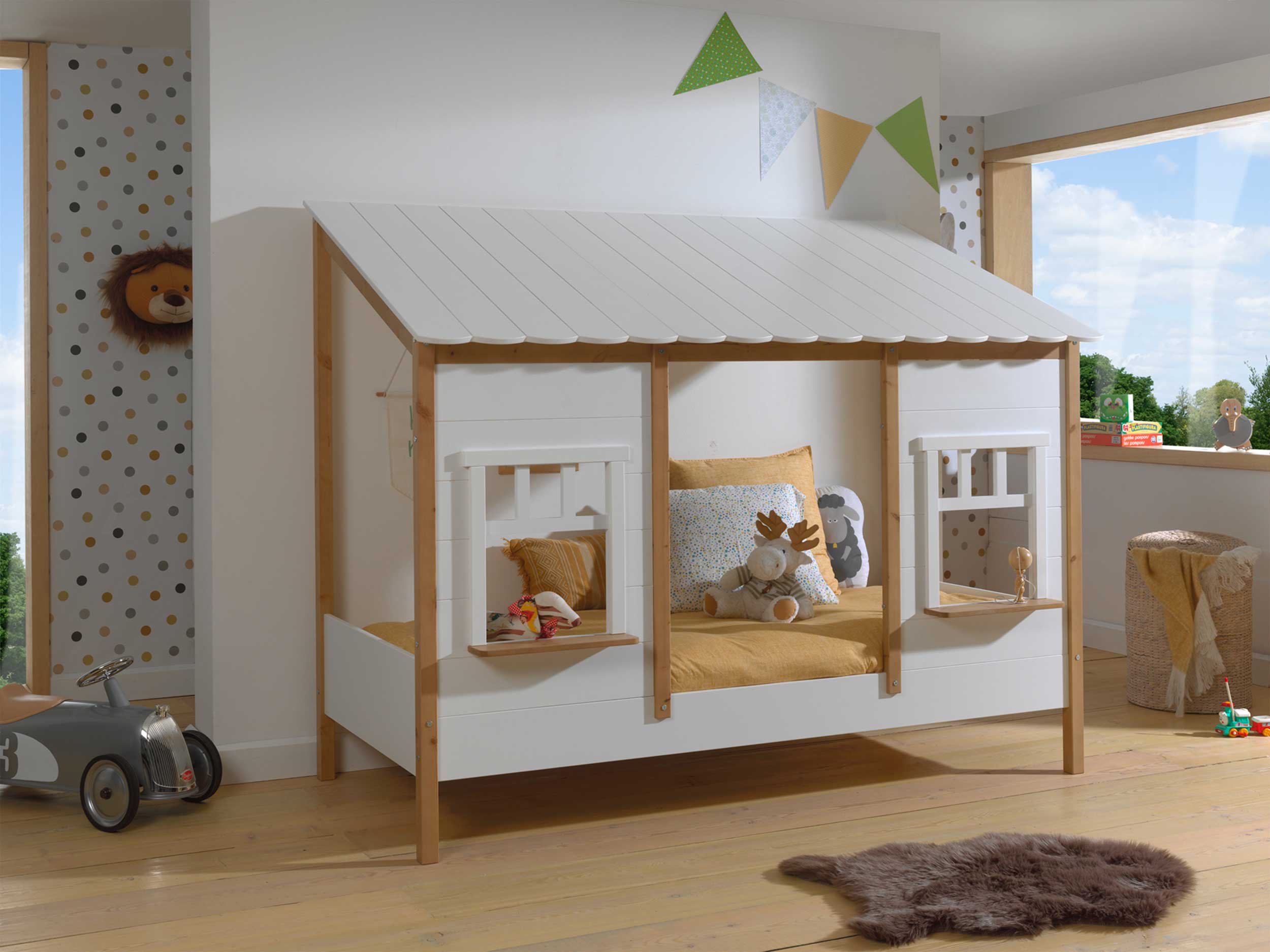 Lit maison Odense avec tiroir de lit 90x200cm MDF - blanc/bois de pin - Image 6