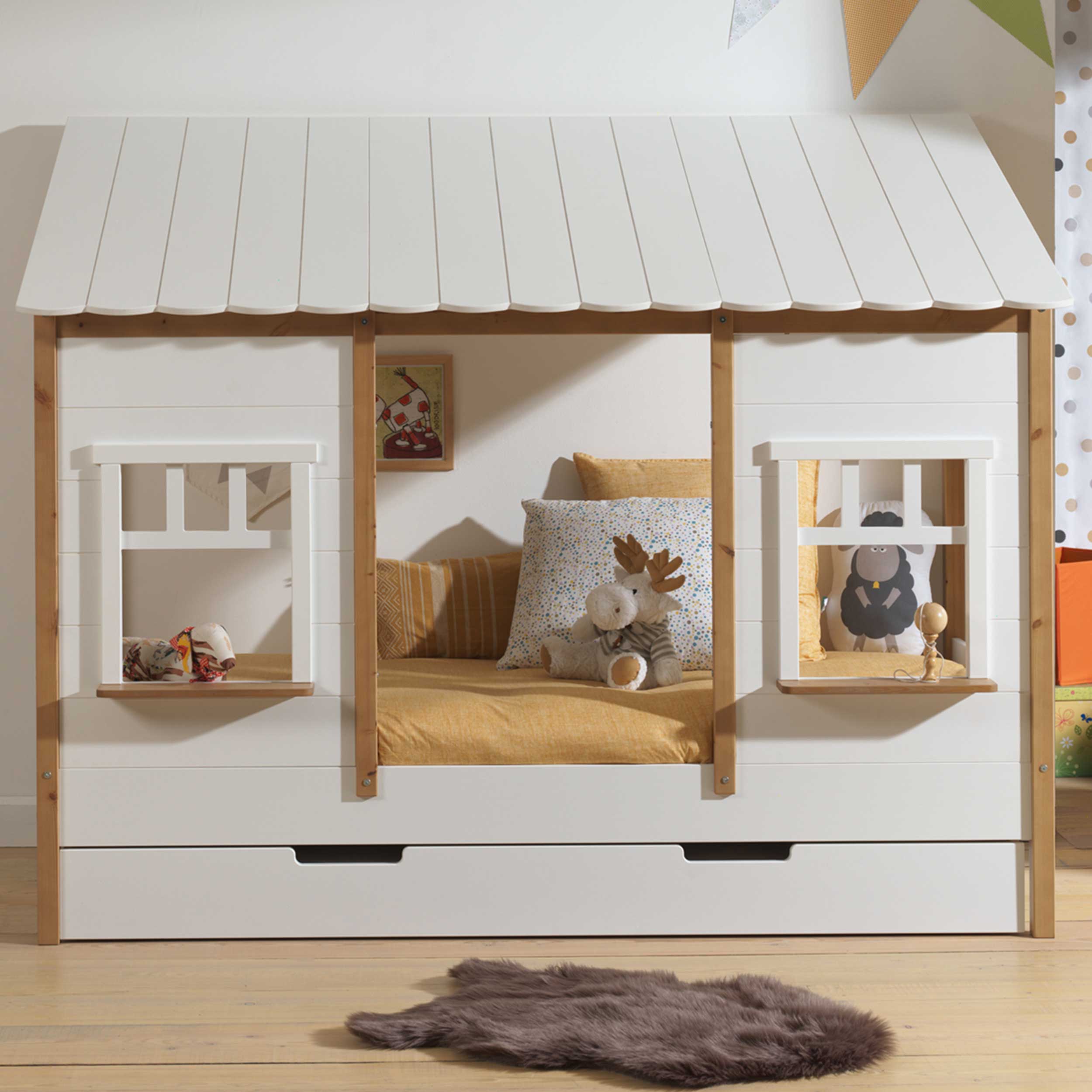 Lit maison Odense avec tiroir de lit 90x200cm MDF - blanc/bois de pin