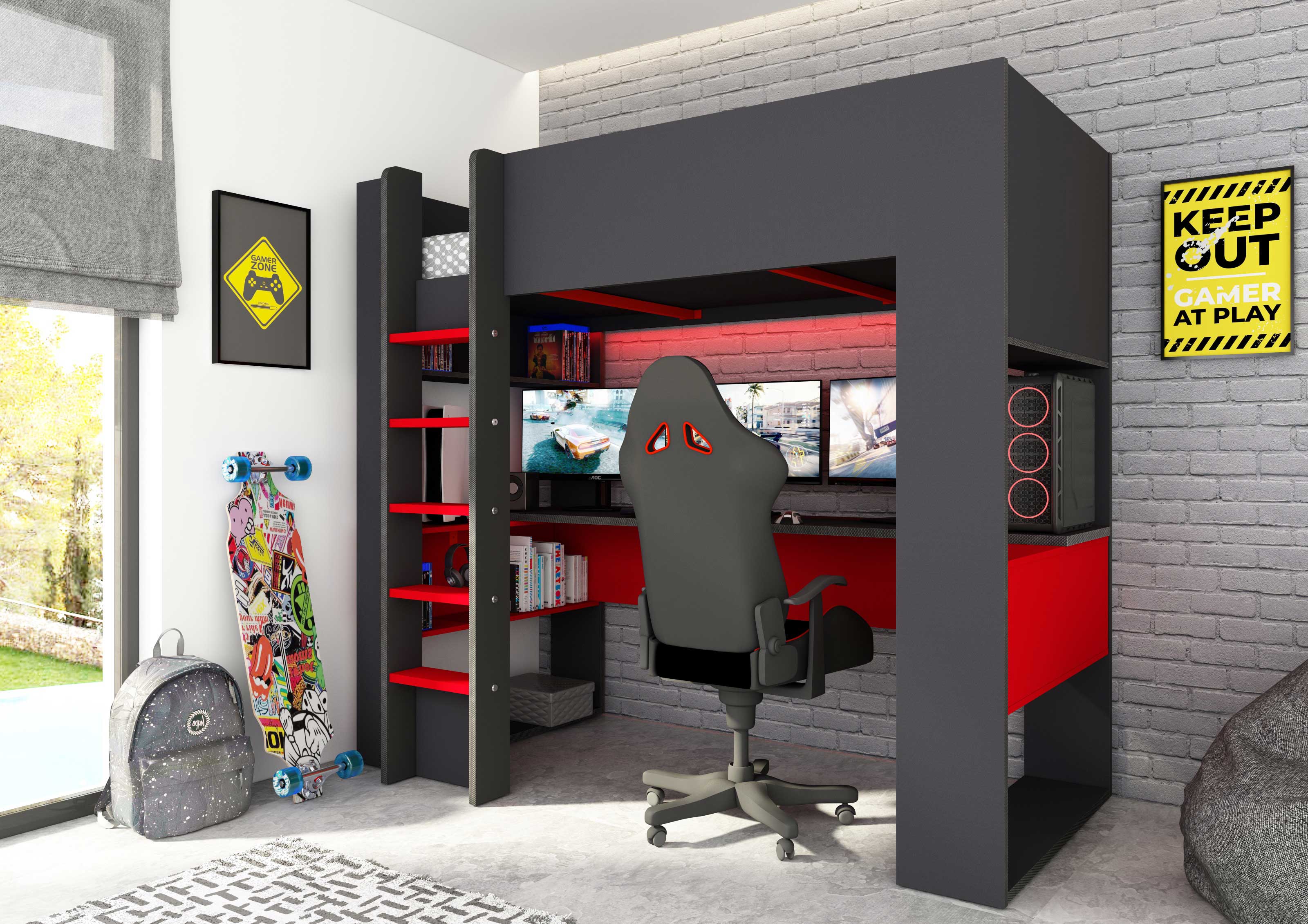 Lit mezzanine avec bureau Graham 90x200cm - anthracite/rouge - Image 11