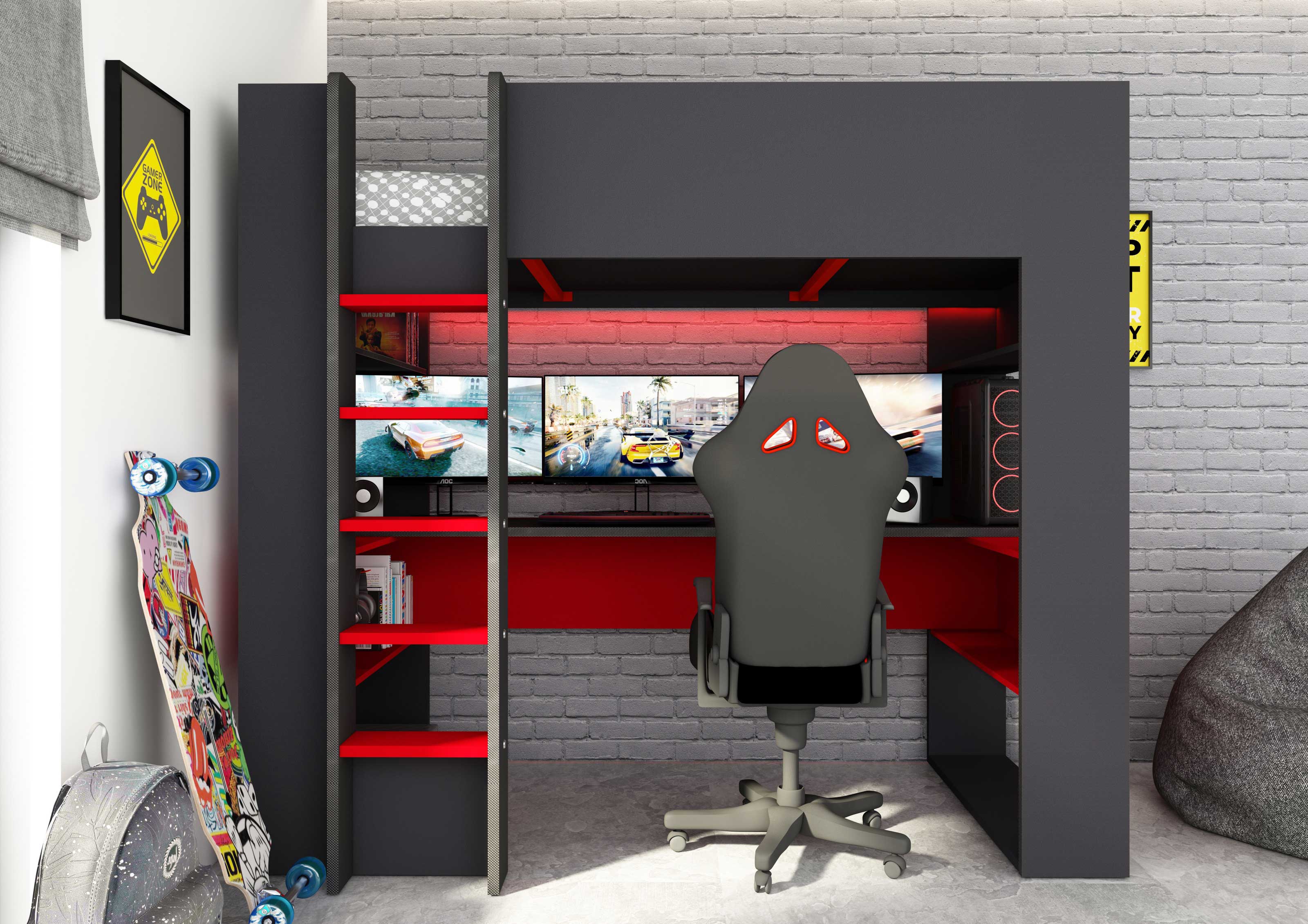 Lit mezzanine avec bureau Graham 90x200cm - anthracite/rouge - Image 10