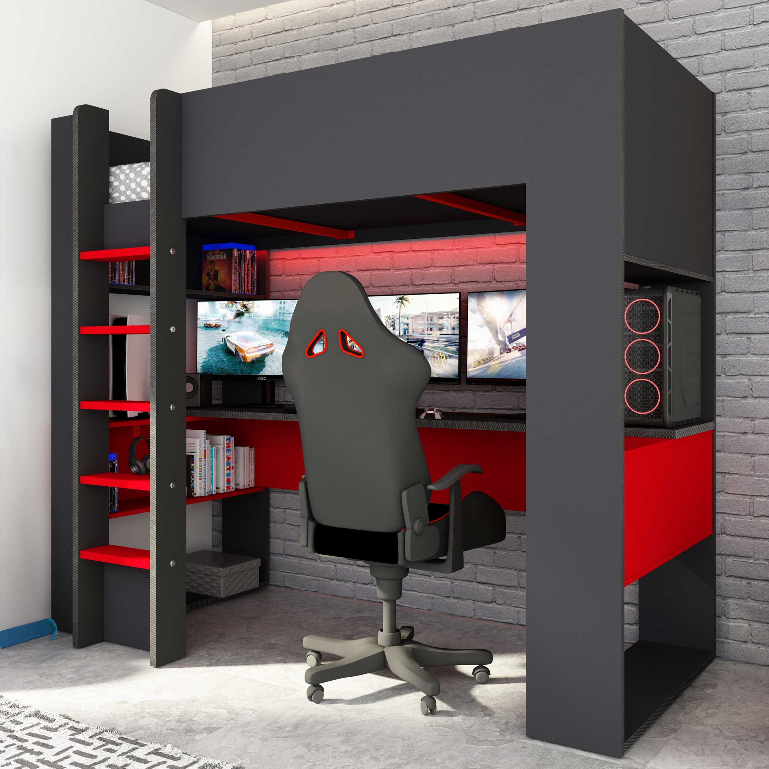 Lit mezzanine avec bureau Graham 90x200cm - anthracite/rouge - Image 1