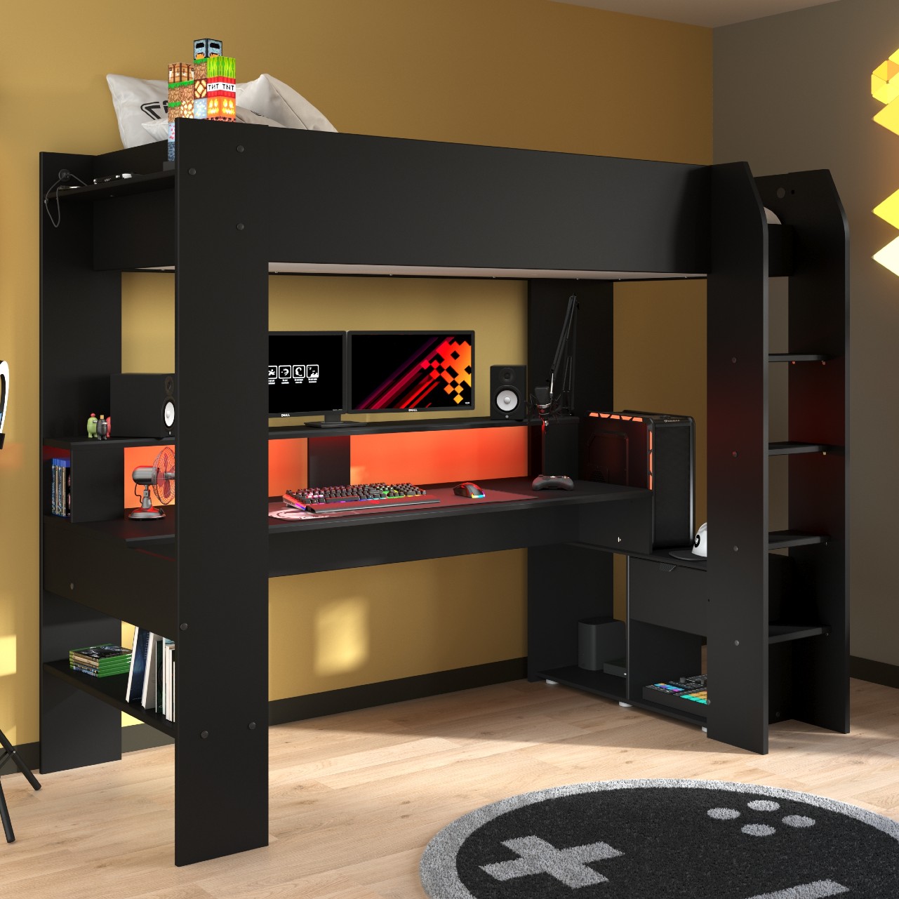 Lit mezzanine avec bureau Raider 90x200cm - noir