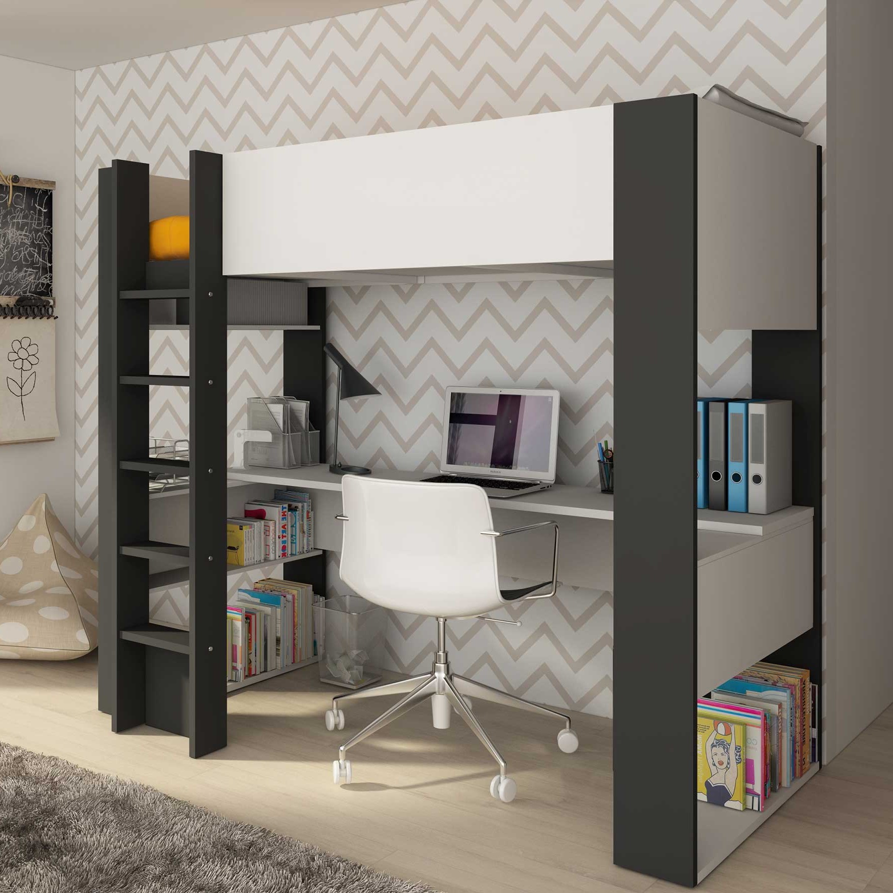 Lit mezzanine Beau 90x200 avec bureau - blanc/graphite