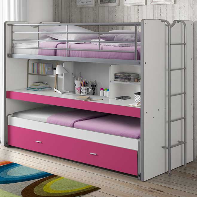 Lit mezzanine Bonny 80 avec bureau et tiroir de lit - fuchsia