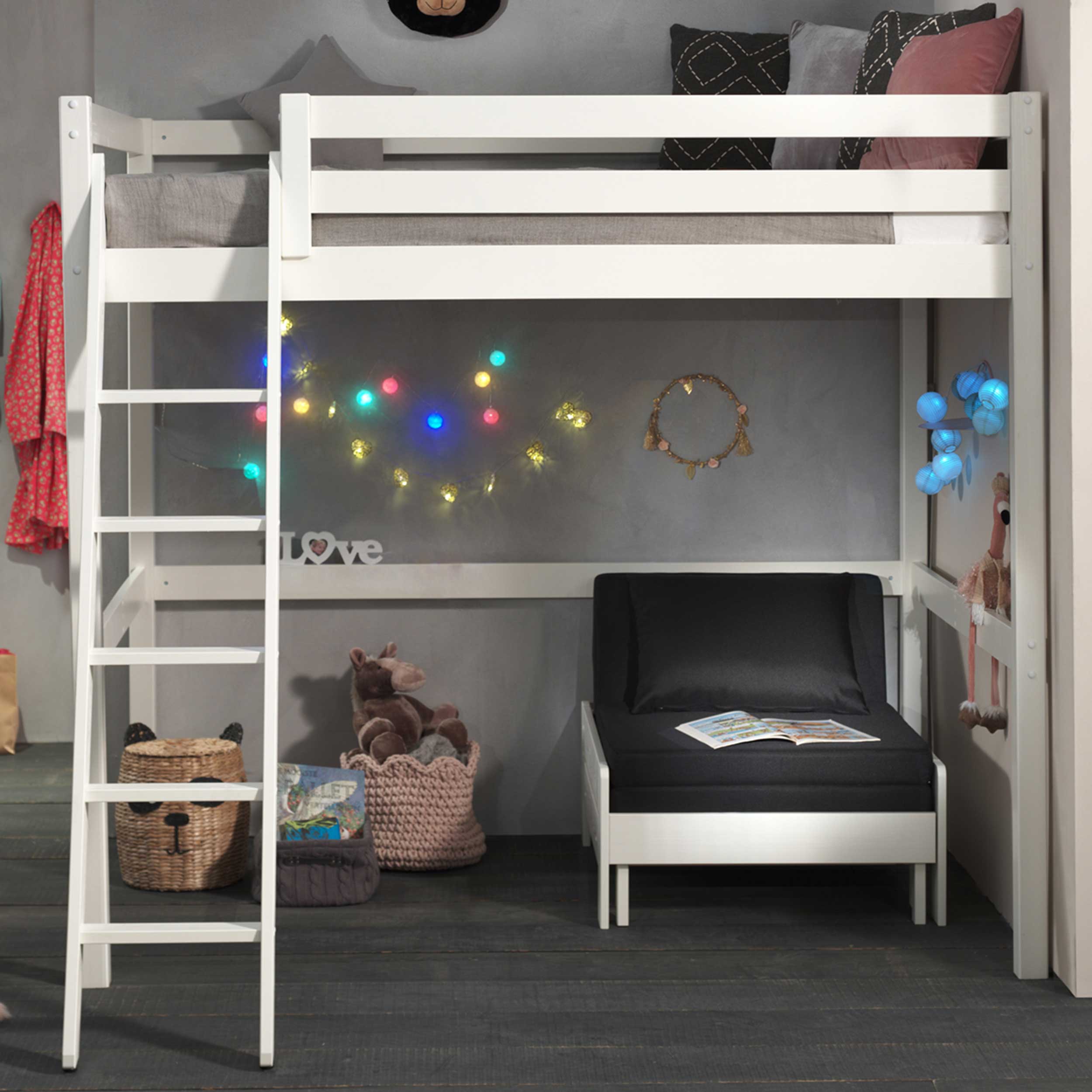 Lit mezzanine Claire 140x200 avec canapé-lit - blanc