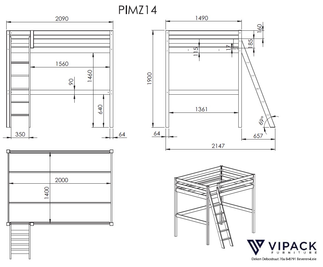 Lit mezzanine Claire 140x200 avec canapé-lit et chiffonnier - blanc - Image 3