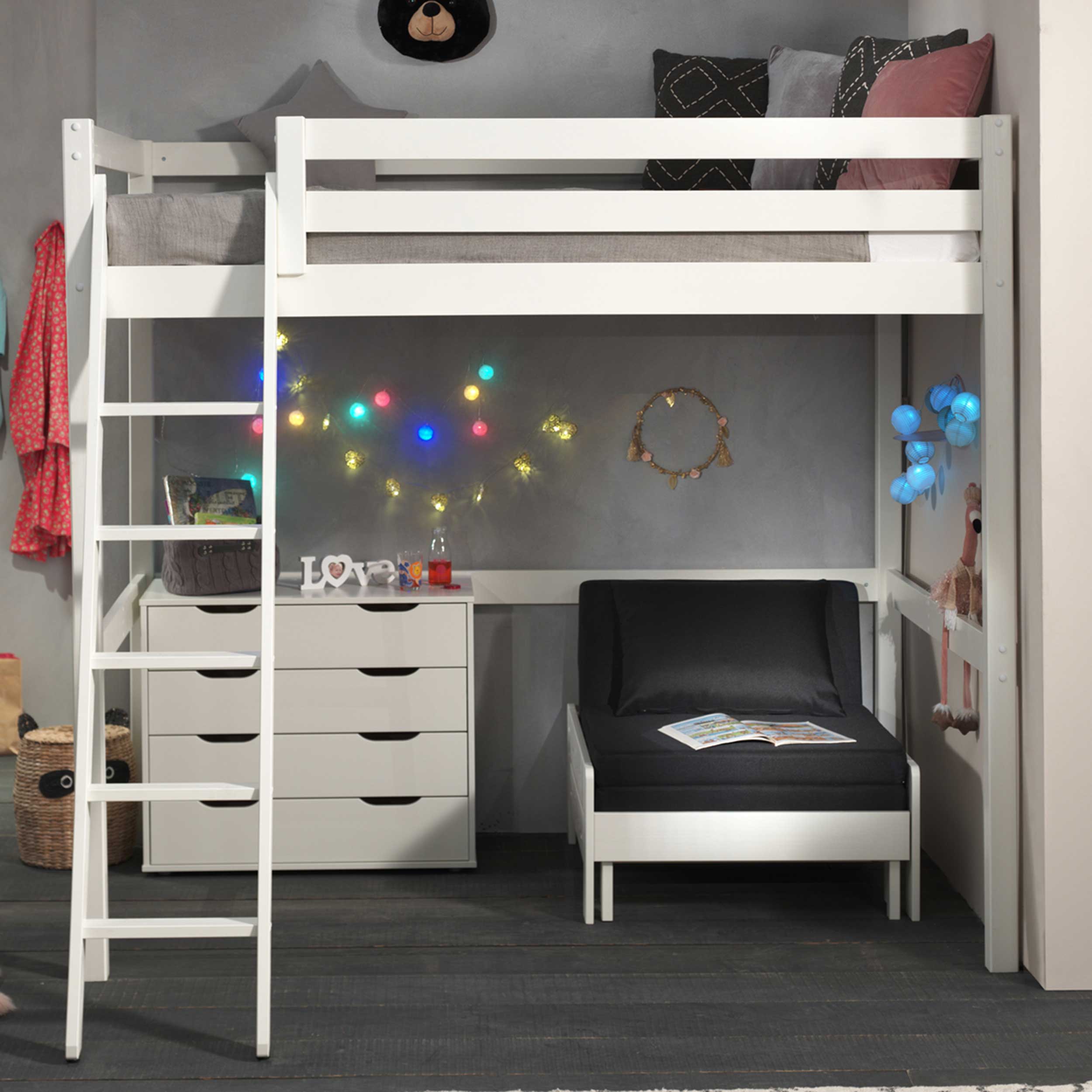 Lit mezzanine Claire 140x200 avec canapé-lit et chiffonnier - blanc