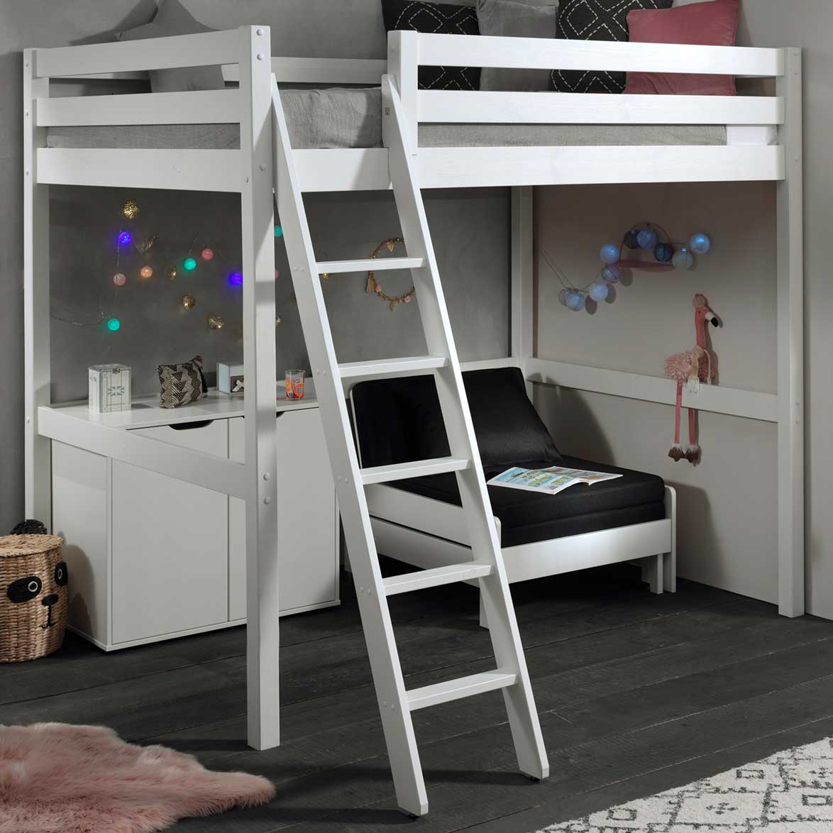 Lit mezzanine Claire 140x200 avec commode Charlotte & canapé-lit Lena - blanc