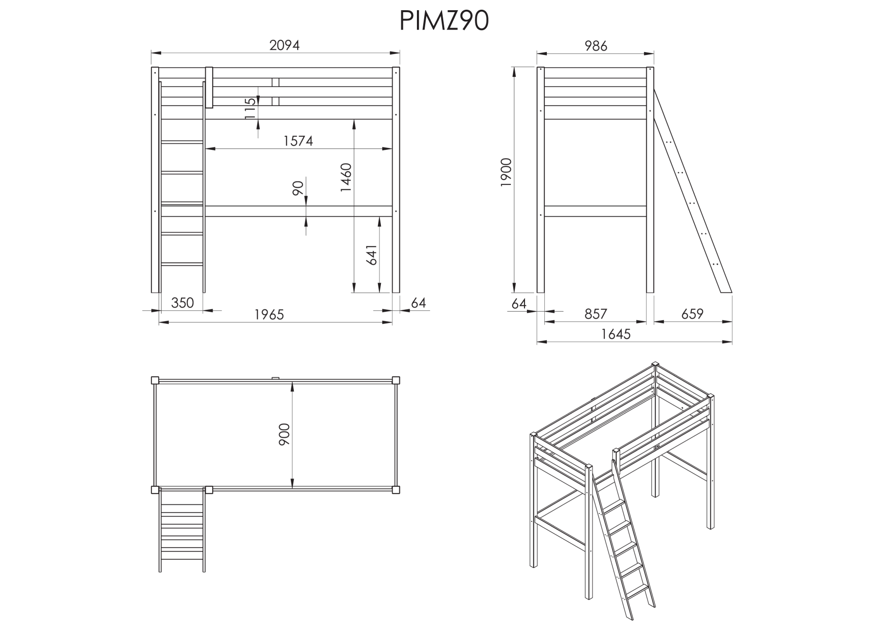 Lit mezzanine Claire 90 x 200cm avec bureau - blanc - Image 3