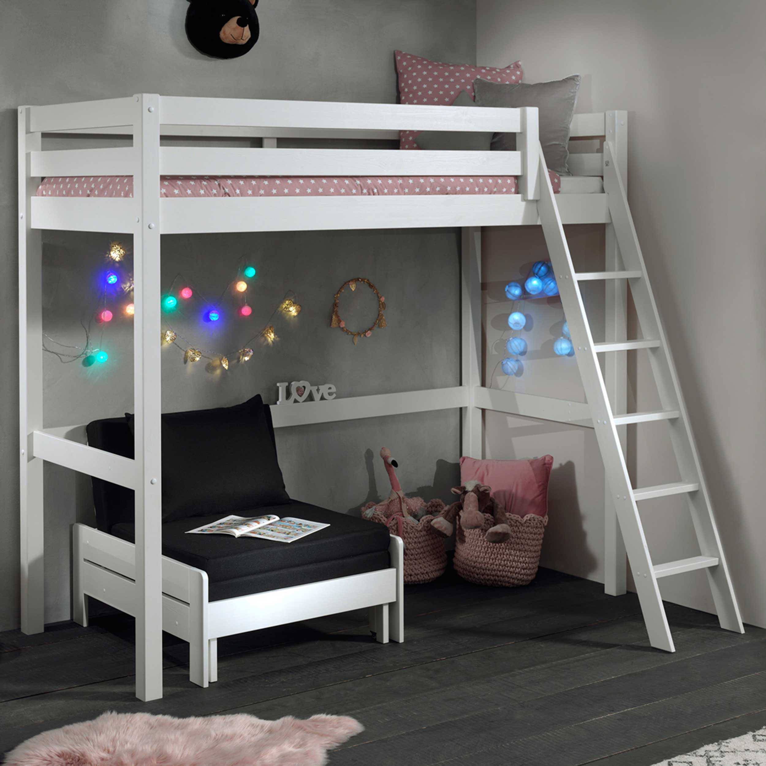 Lit mezzanine Claire 90x200 avec canapé-lit - blanc