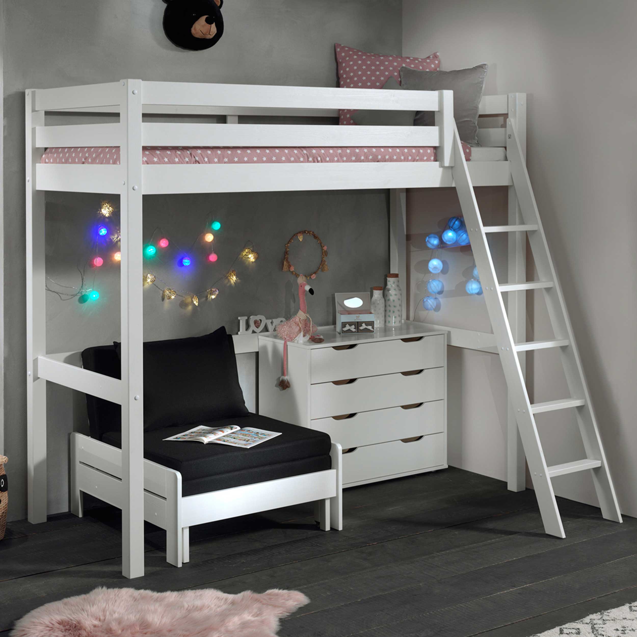 Lit mezzanine Claire 90x200 avec canapé-lit et chiffonnier - blanc