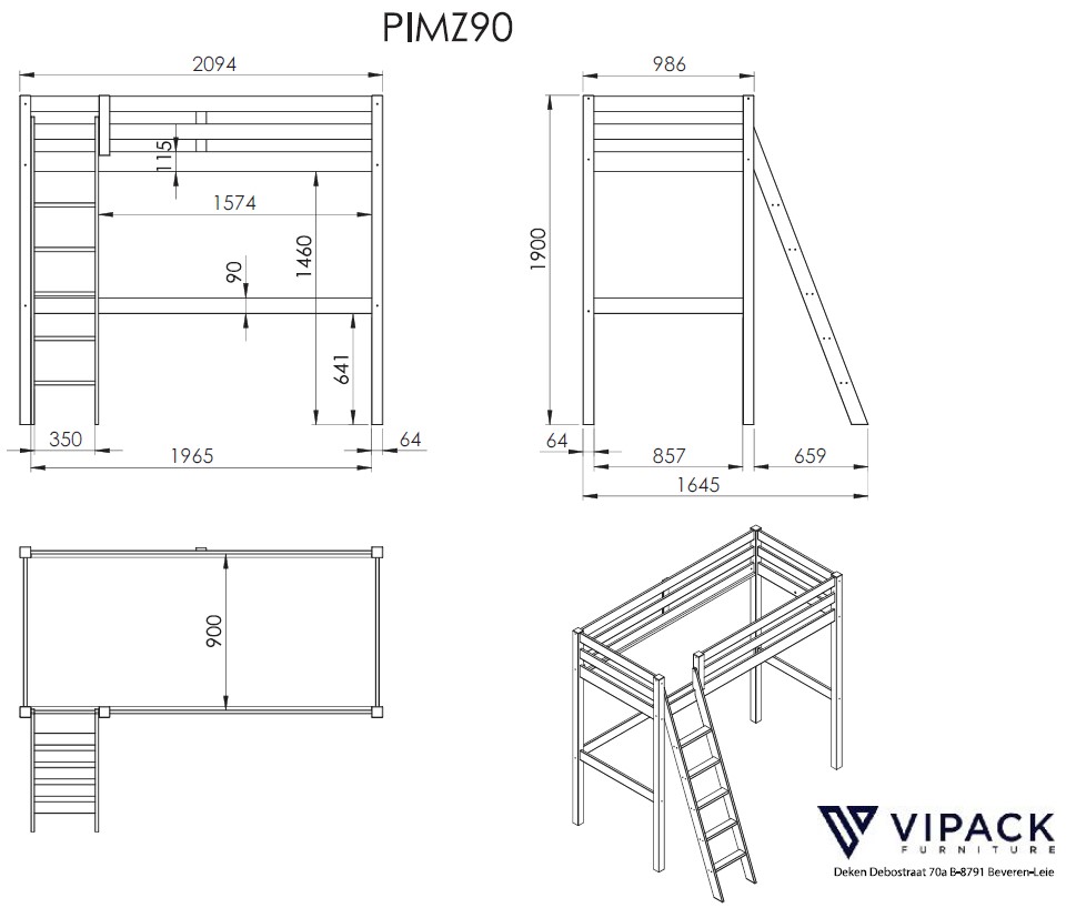 Lit mezzanine Claire 90x200cm avec bibliothèque et canapé-lit - blanc - Image 2