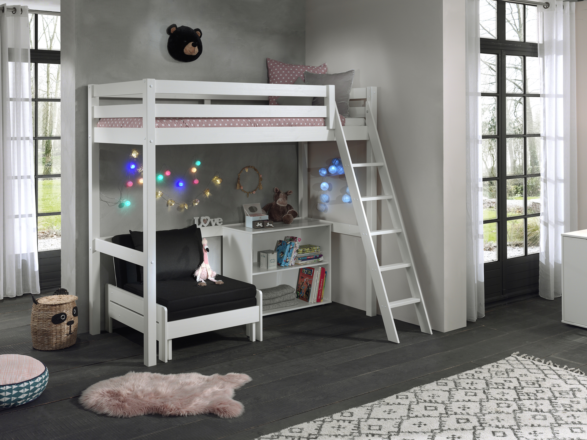 Lit mezzanine Claire 90x200cm avec bibliothèque et canapé-lit - blanc - Image 7