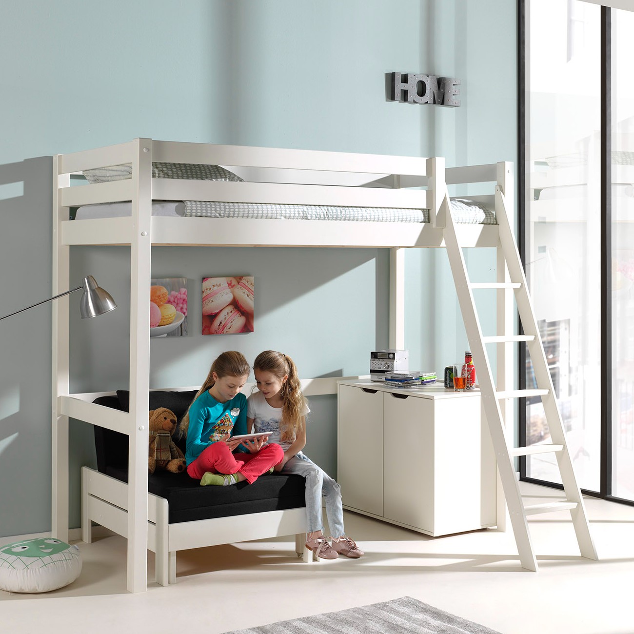 Lit mezzanine Claire avec commode Charlotte & canapé-lit Lena - blanc