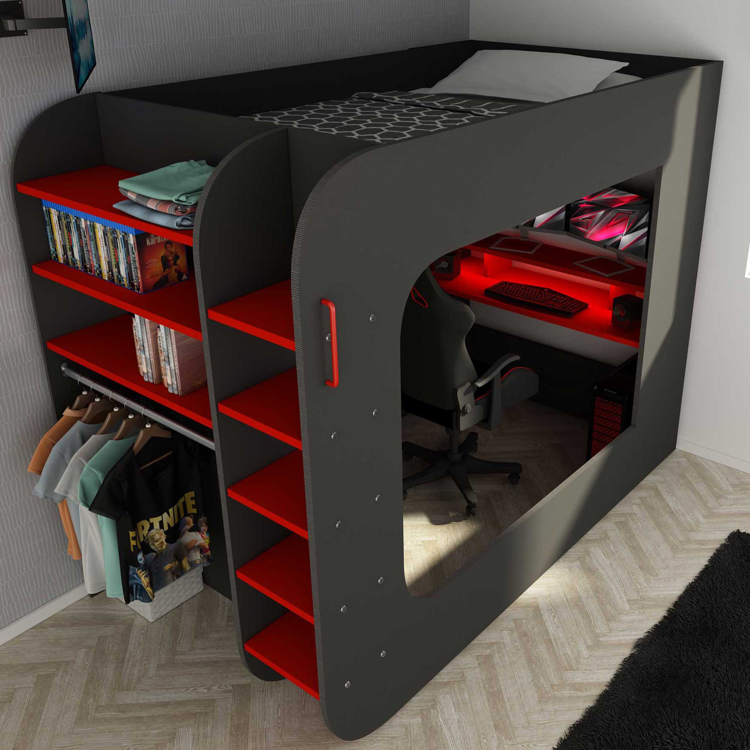 Lit mezzanine Graham avec bureau gamer 120x200cm - anthracite/rouge