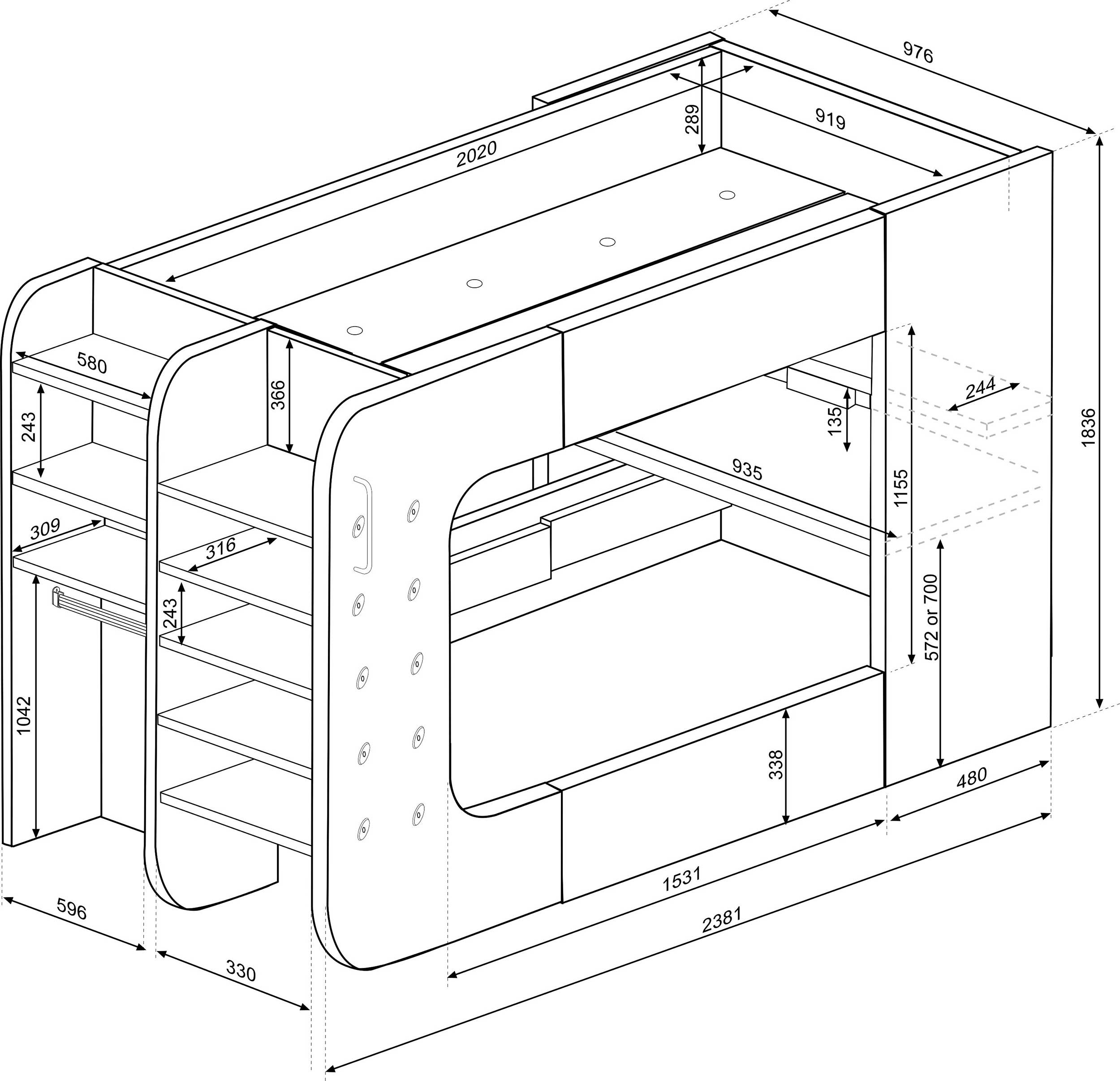 Lit mezzanine Graham avec bureau gamer 90x200cm - anthracite/rouge - Image 2