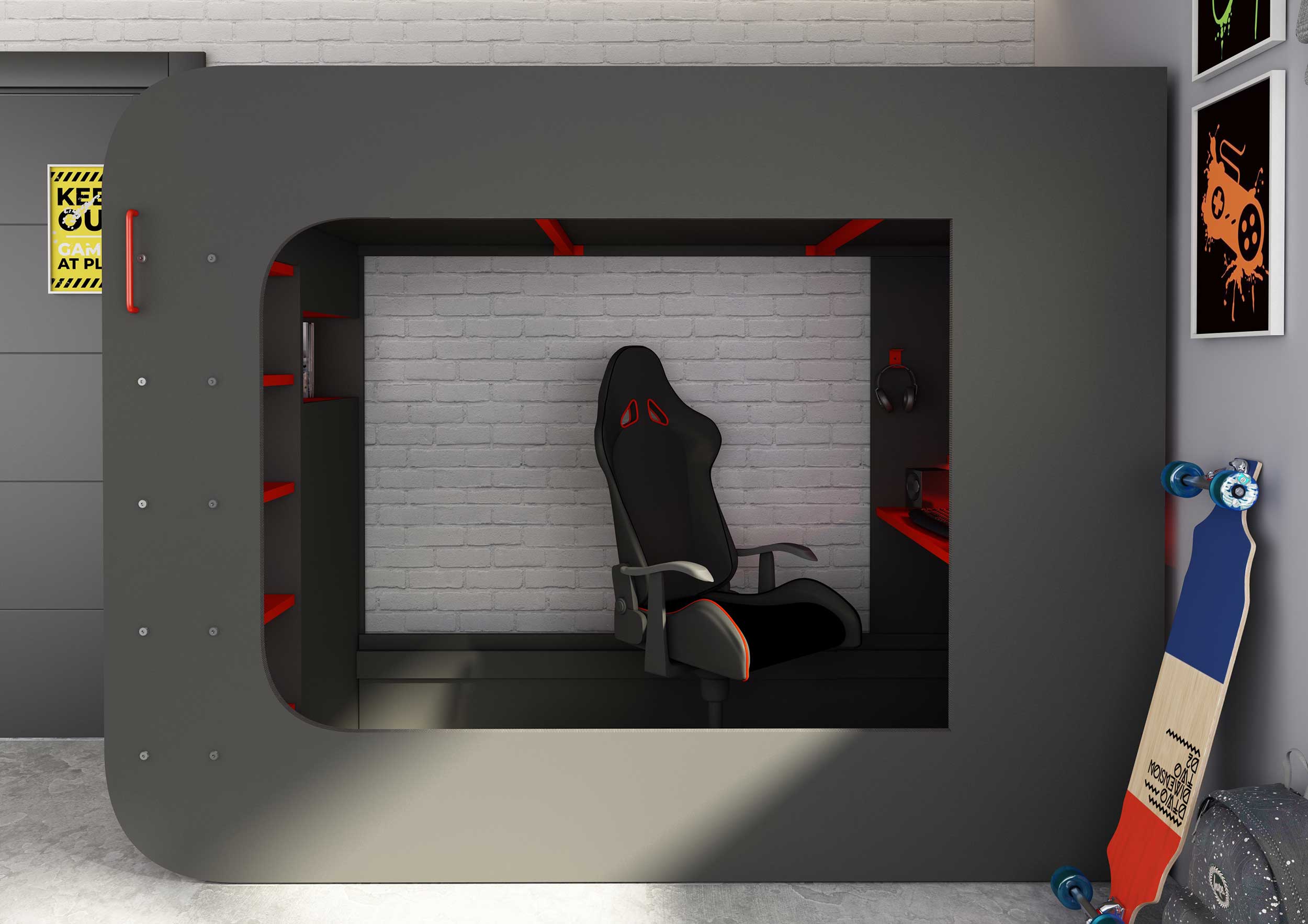 Lit mezzanine Graham avec bureau gamer 90x200cm - anthracite/rouge - Image 5