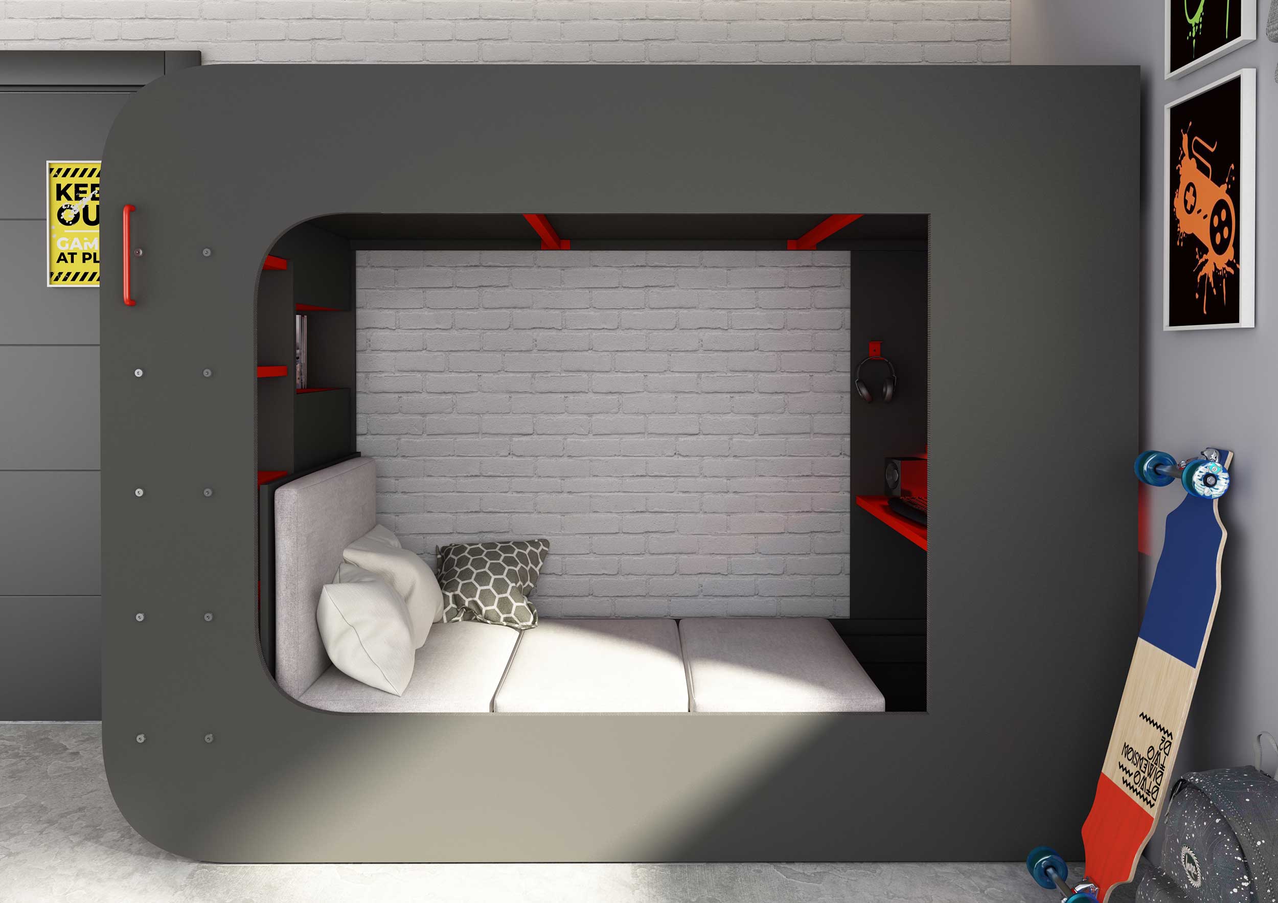 Lit mezzanine Graham avec bureau gamer 90x200cm - anthracite/rouge - Image 9