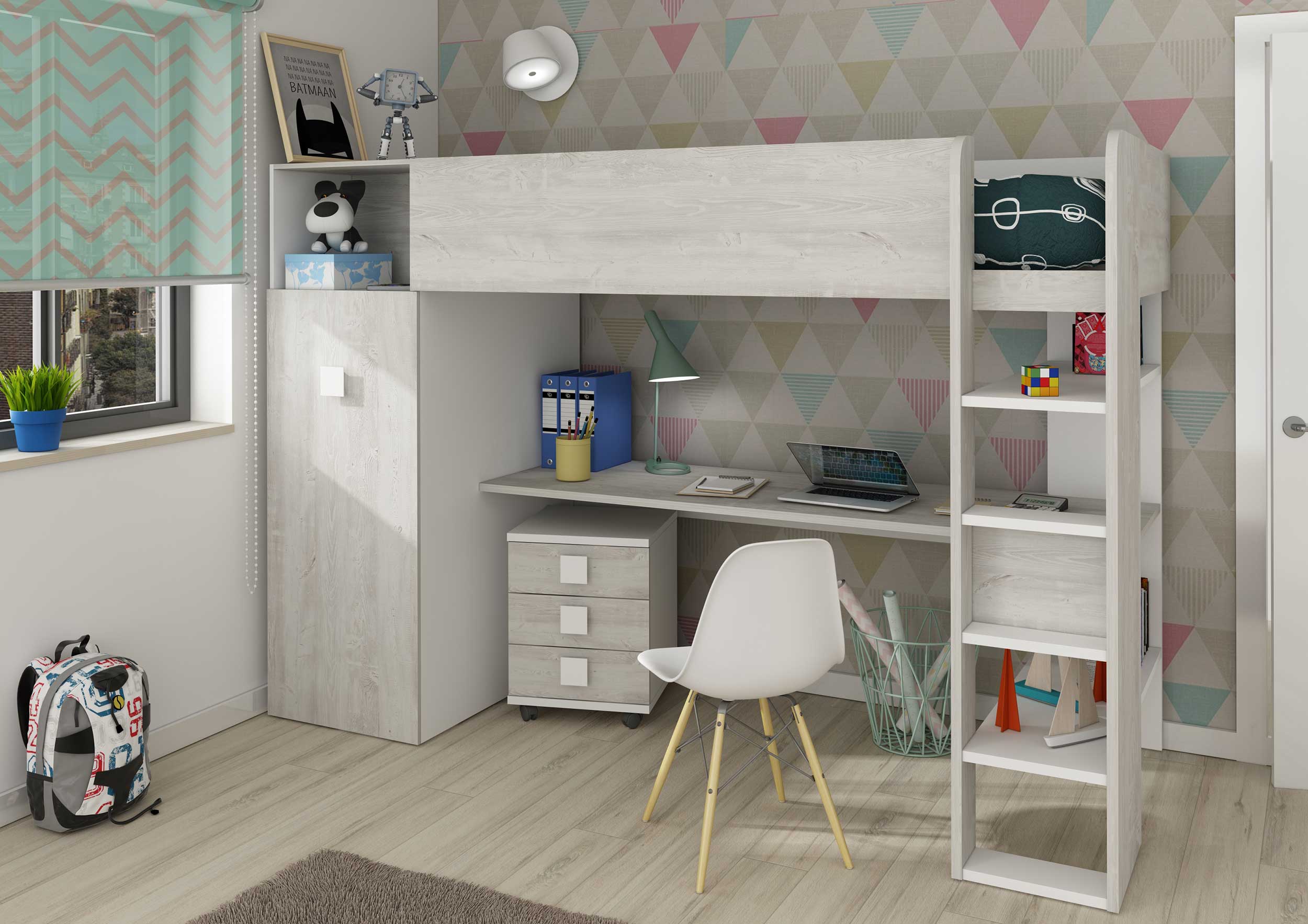 Lit mezzanine Jet avec bureau et armoire 90x200cm - blanc - Image 11