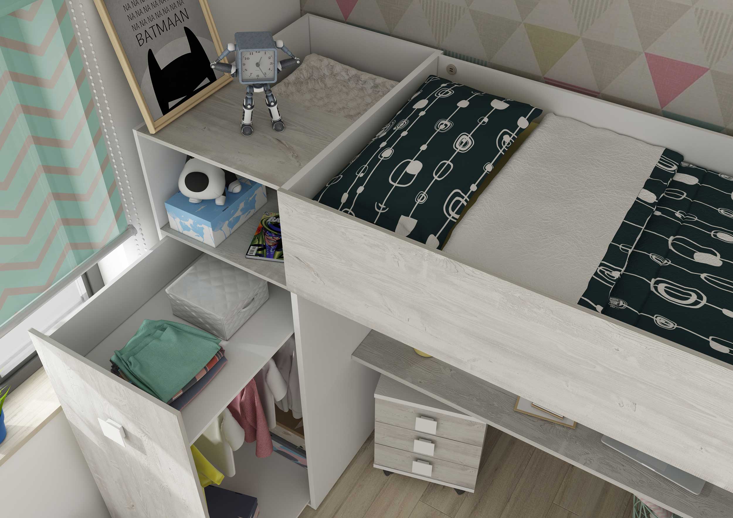 Lit mezzanine Jet avec bureau et armoire 90x200cm - blanc - Image 12