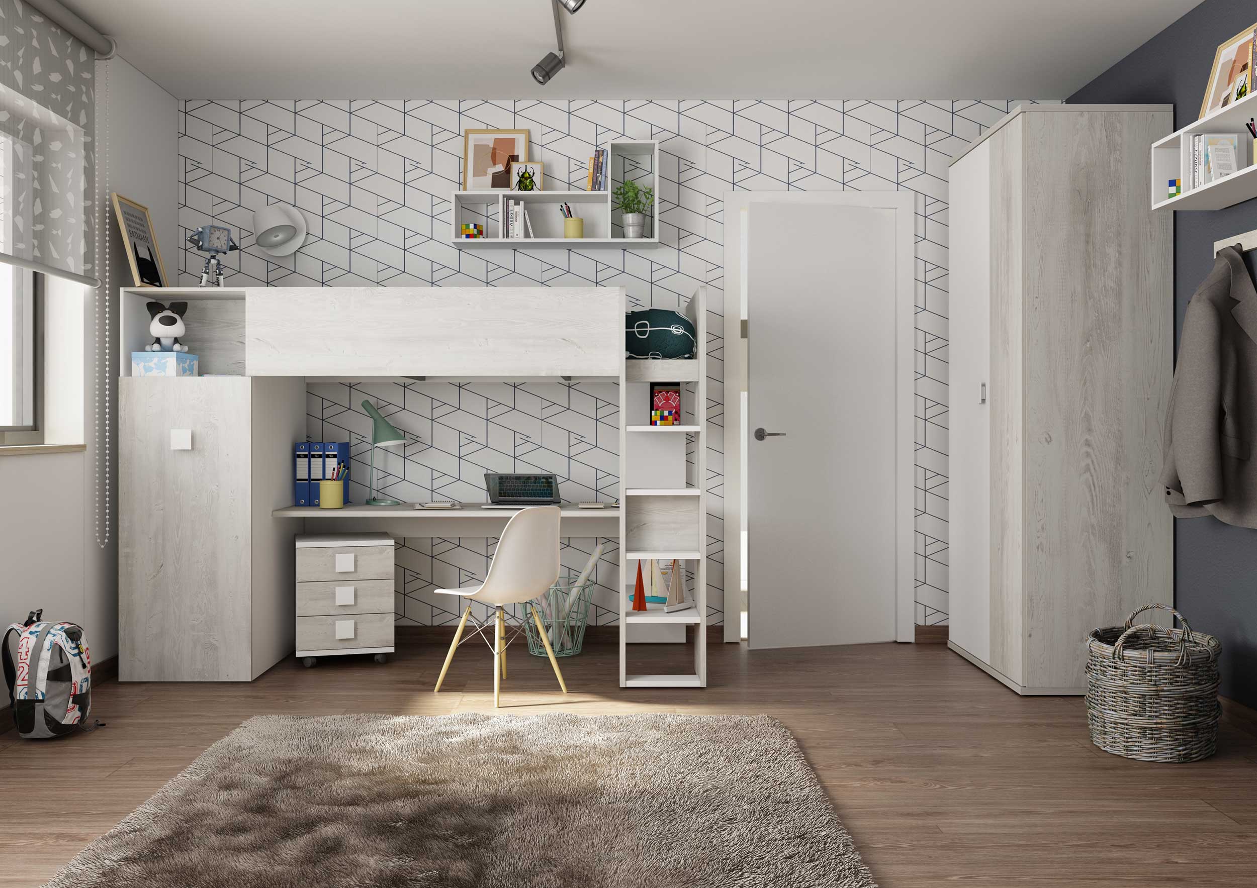 Lit mezzanine Jet avec bureau et armoire 90x200cm - blanc - Image 10