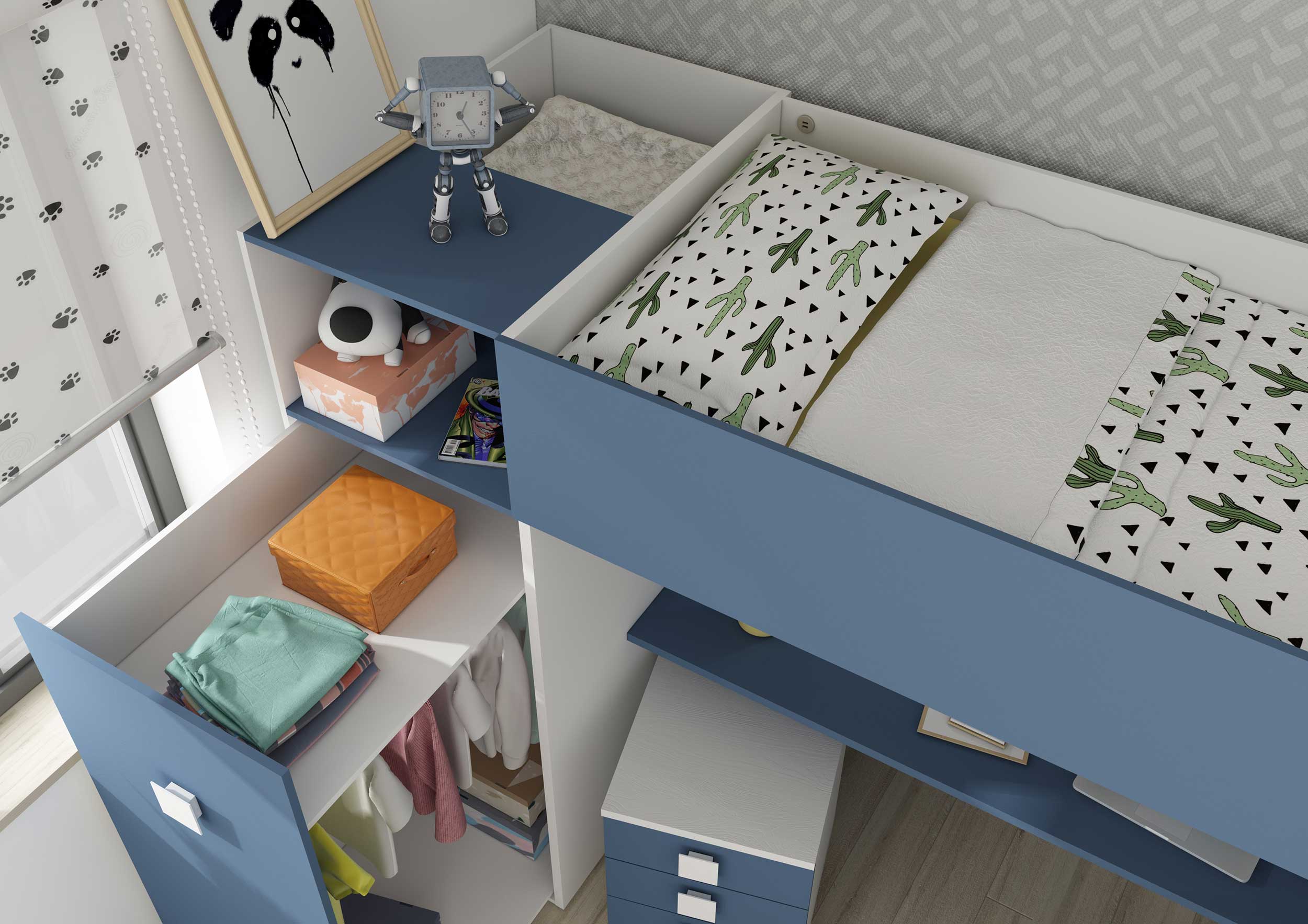 Lit mezzanine Jet avec bureau et armoire 90x200cm - bleu - Image 2