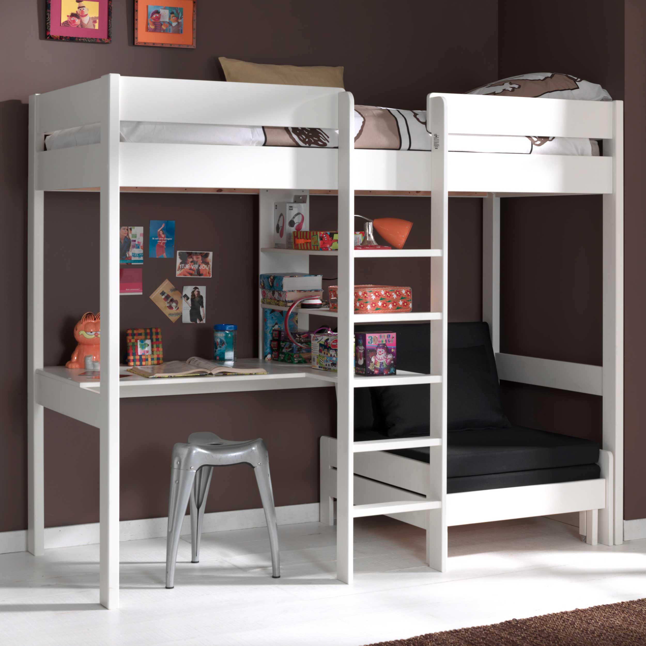 Lit mezzanine Lena avec bureau et canapé-lit - blanc