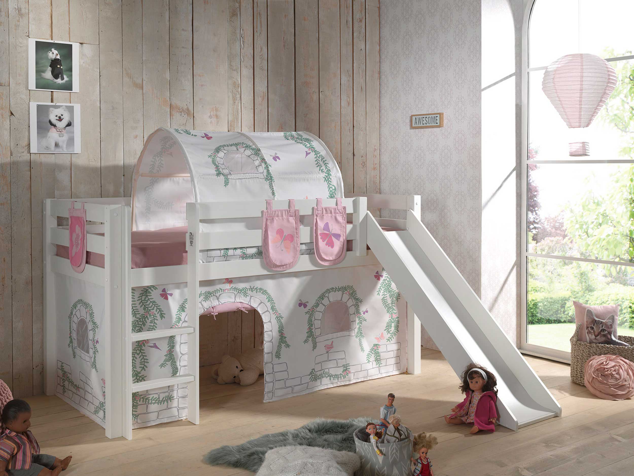 Lit mi-hauteur Astrid avec tente et tunnel de lit et sacs de rangement Birdy - blanc - Image 7