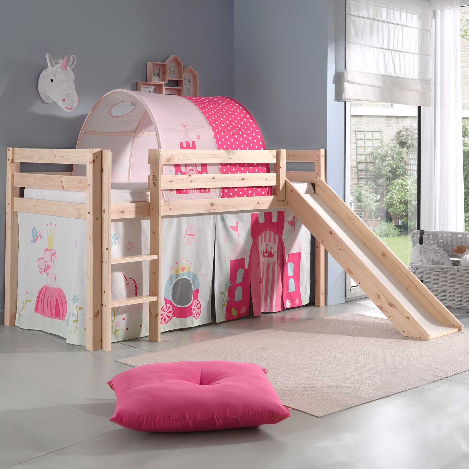 Lit mi-hauteur Astrid avec tente et tunnel de lit Princess II - bois de pin