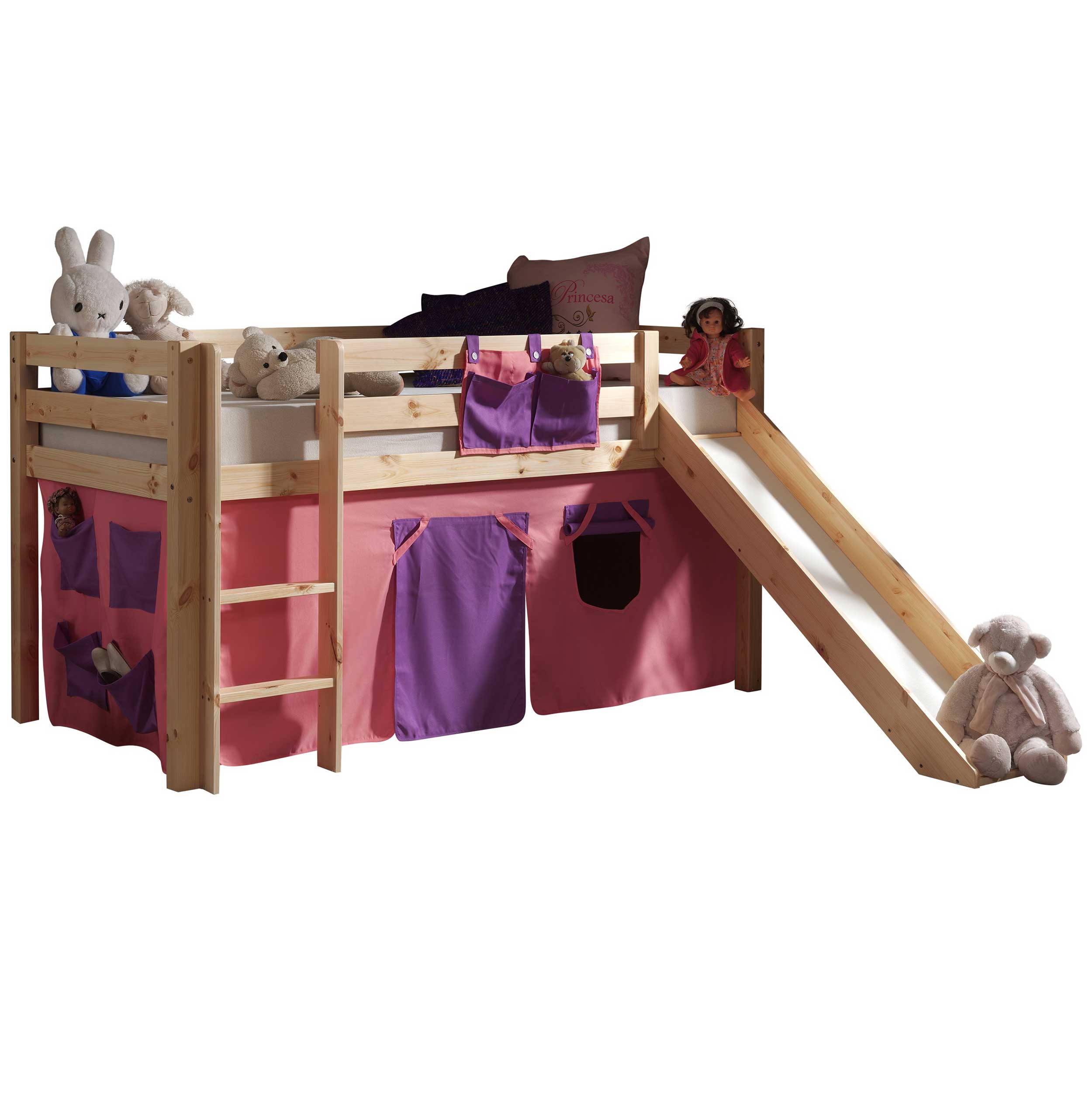 Lit mi-hauteur Astrid avec toboggan et tente de lit Bella - bois de pin - Image 6