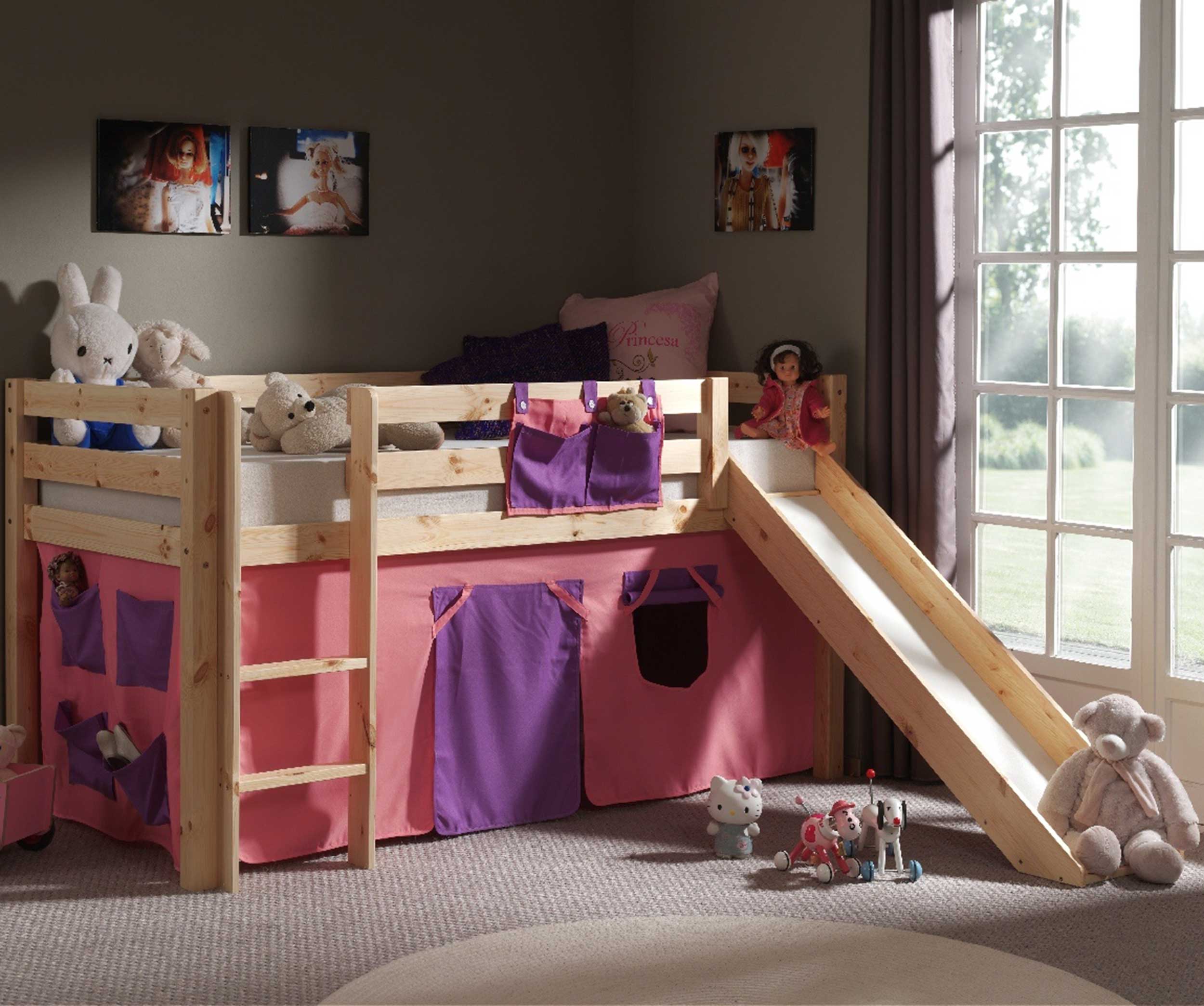 Lit mi-hauteur Astrid avec toboggan et tente de lit Bella - bois de pin