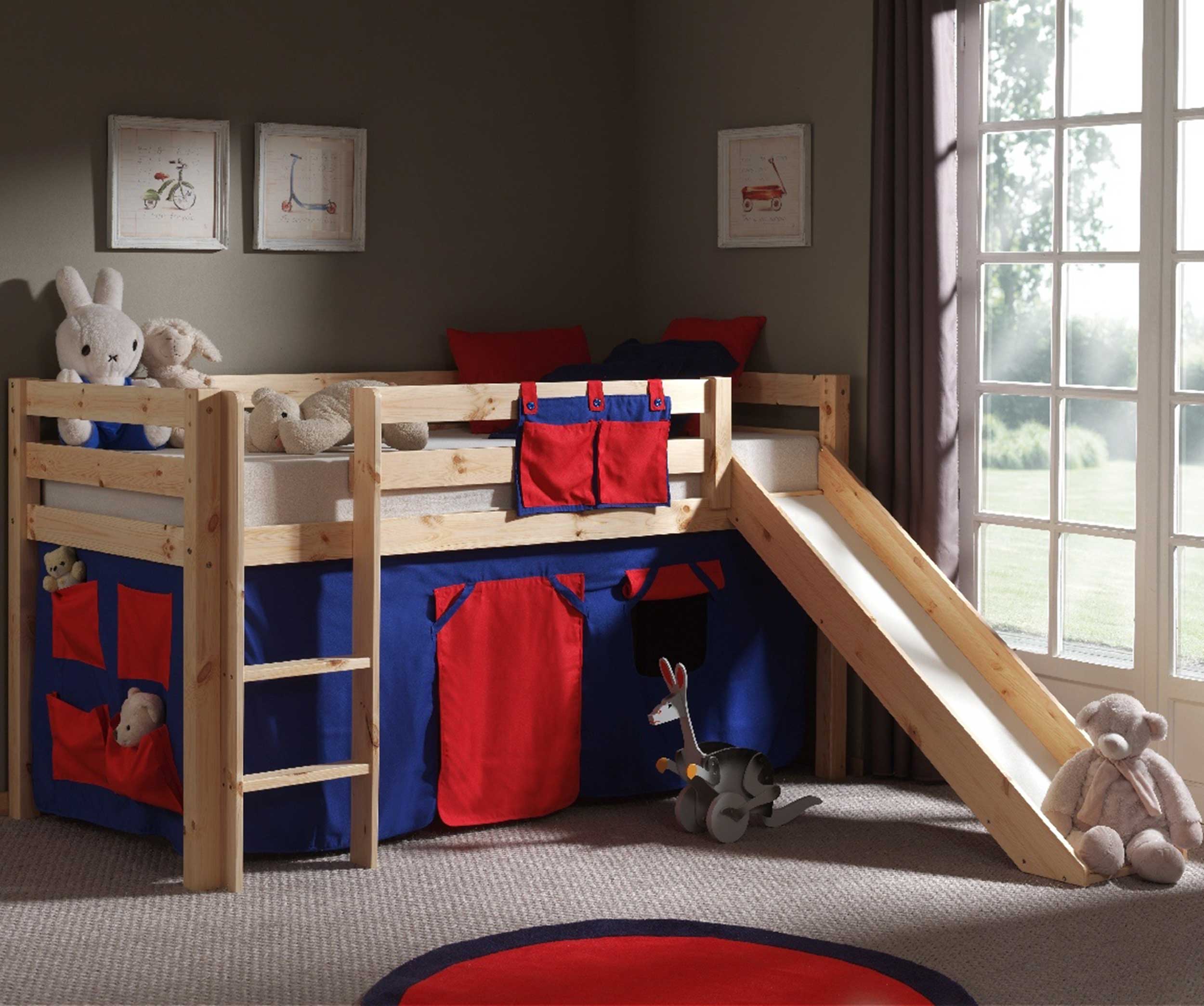 Lit mi-hauteur Astrid avec toboggan & tente de lit Domino - bois de pin