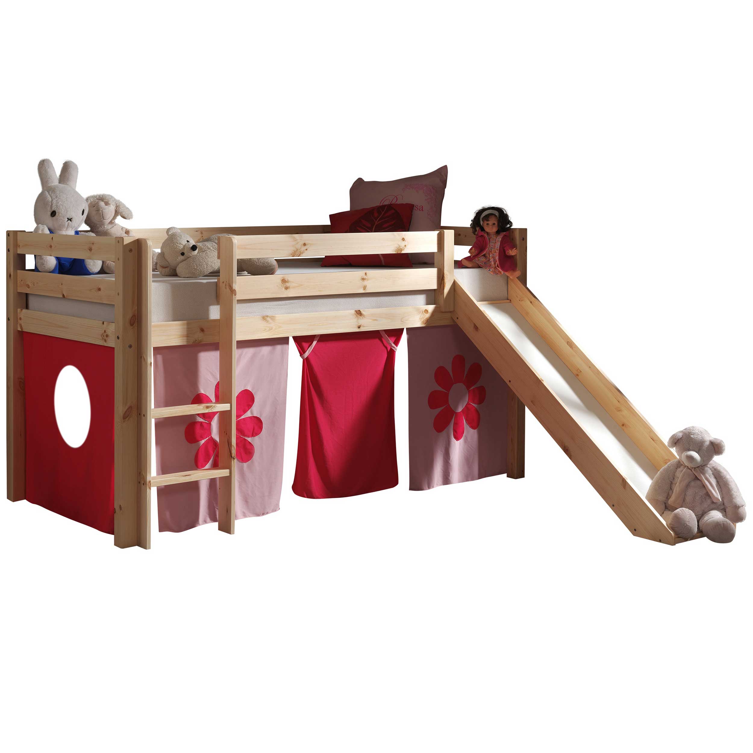 Lit mi-hauteur Astrid avec toboggan & tente de lit Fleurs - bois de pin - Image 6