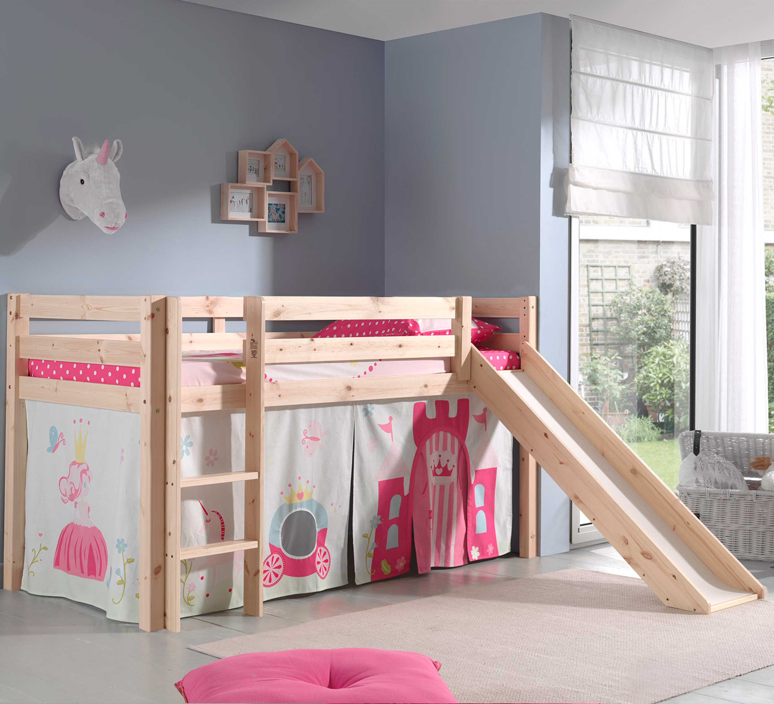 Lit mi-hauteur Astrid avec toboggan & tente de lit Princess II - bois de pin