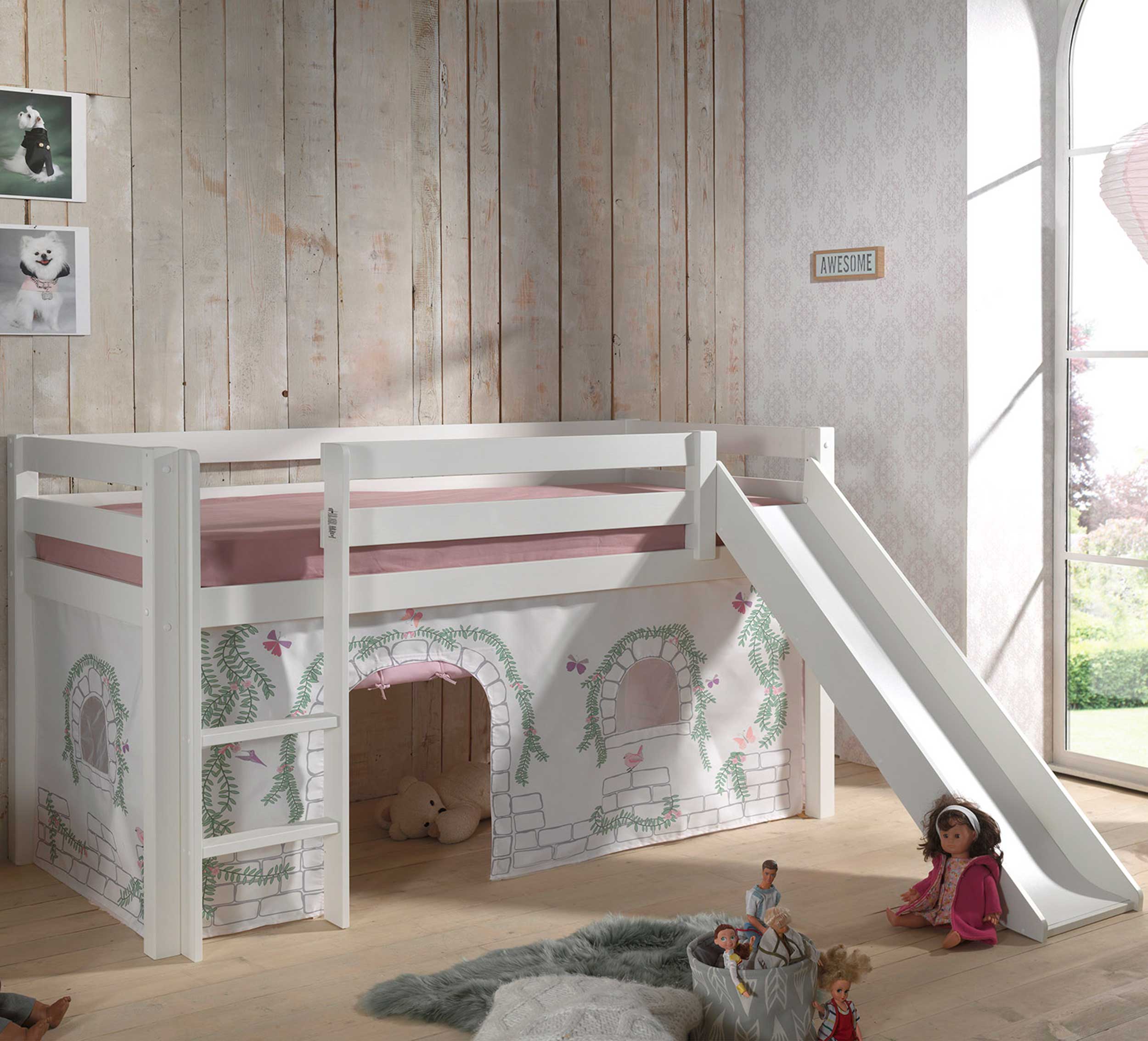 Lit mi-hauteur Astrid blanc avec toboggan - birdy