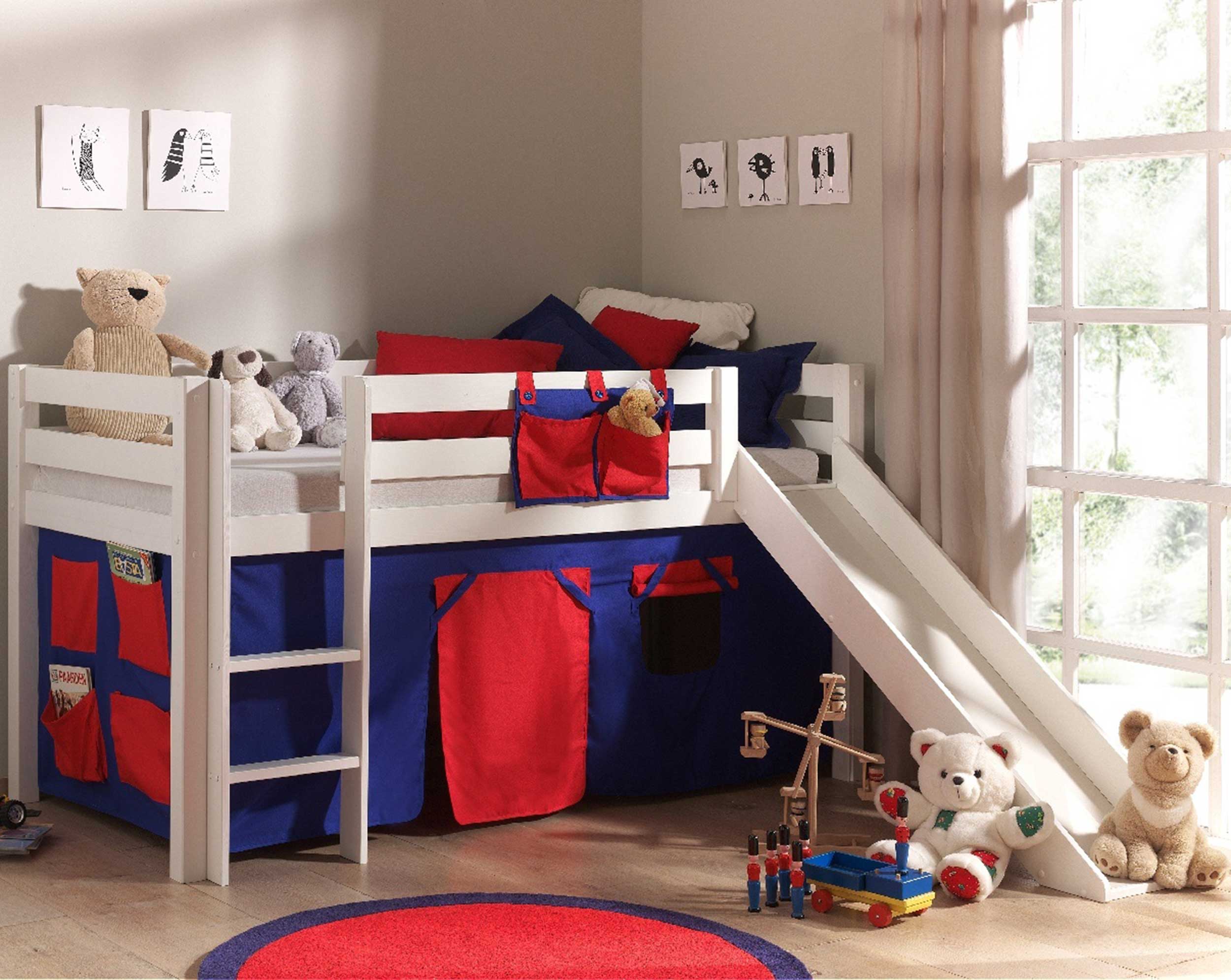 Lit mi-hauteur Astrid blanc avec toboggan - tente domino