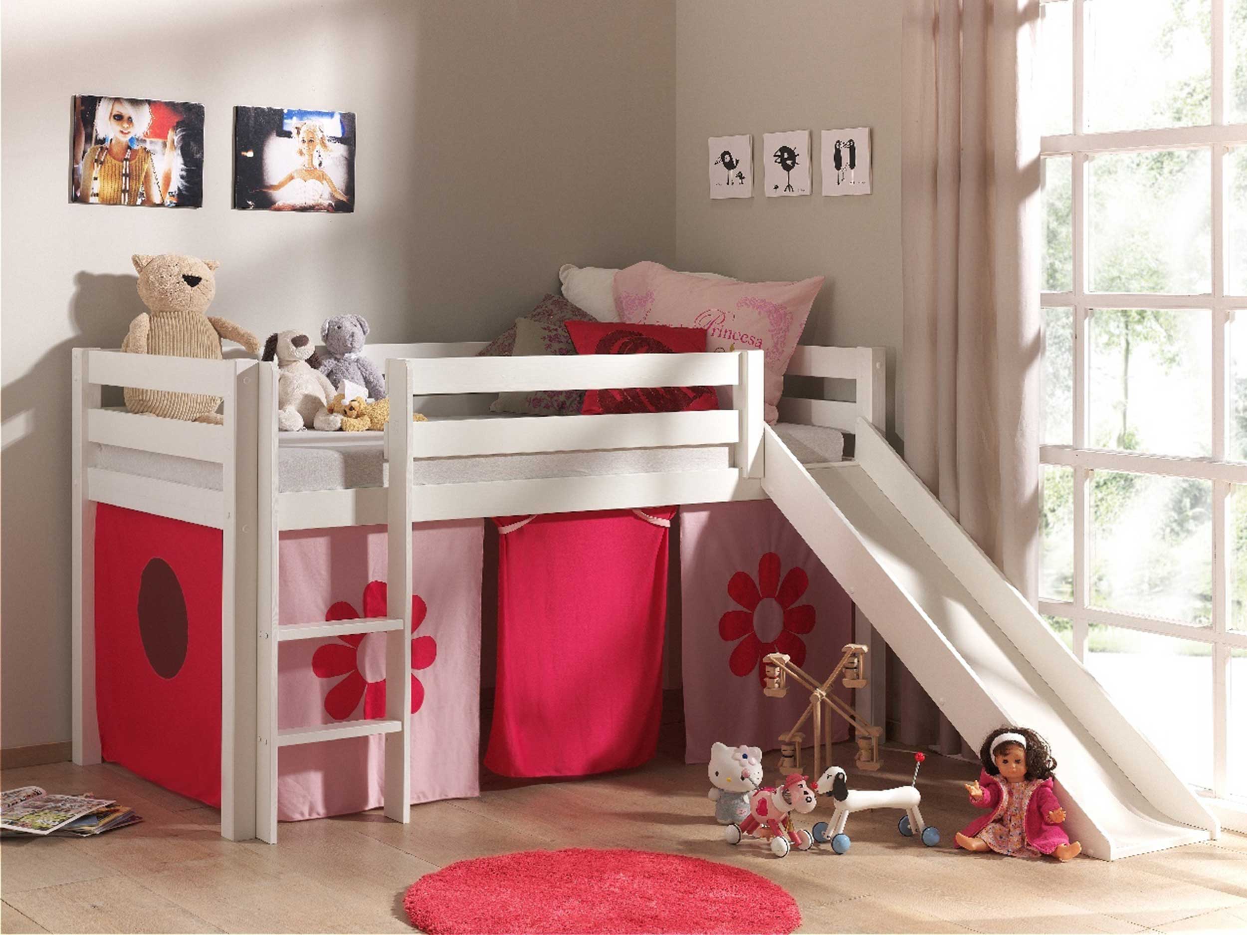 Lit mi-hauteur Astrid blanc avec toboggan - tente fleurs - Image 5