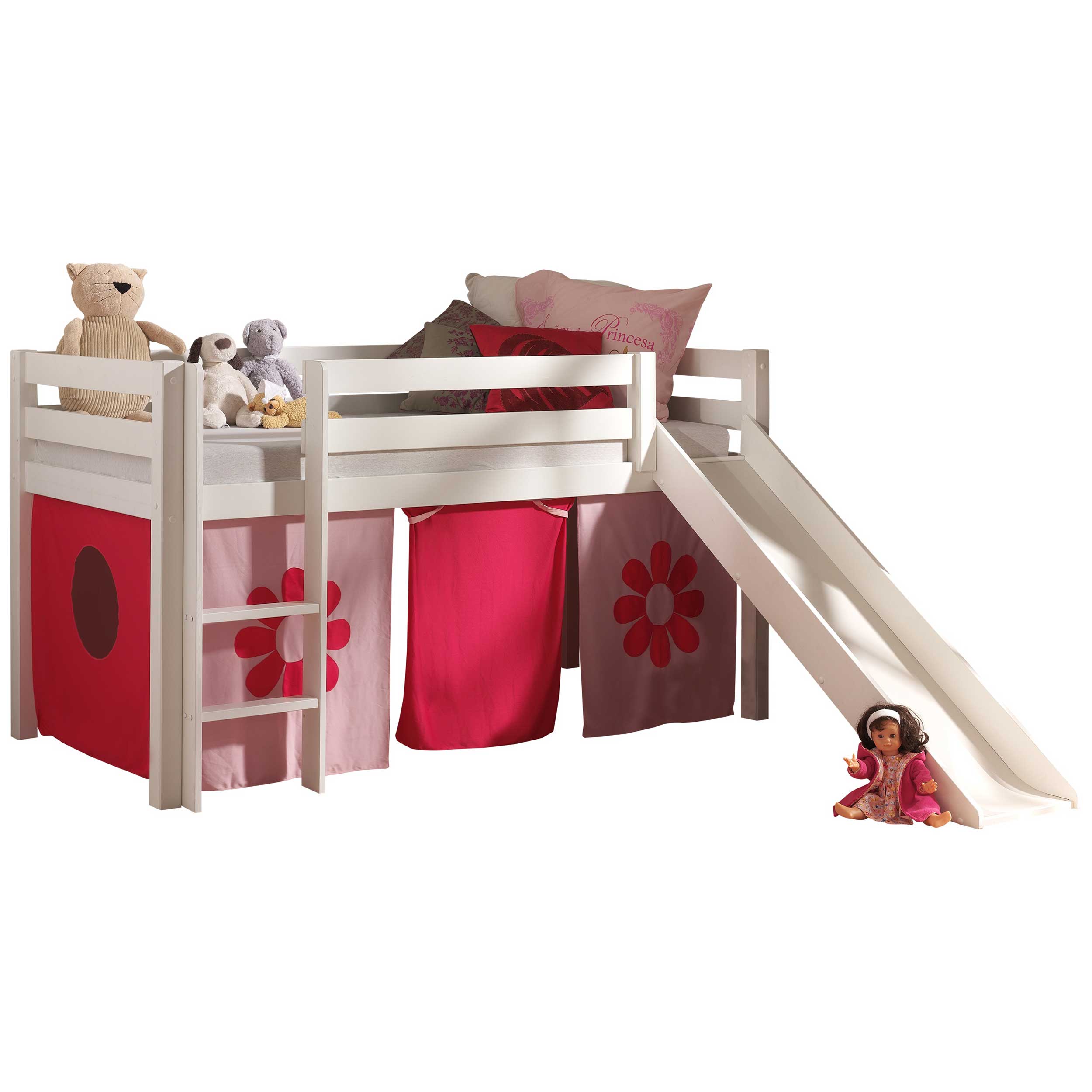 Lit mi-hauteur Astrid blanc avec toboggan - tente fleurs - Image 6