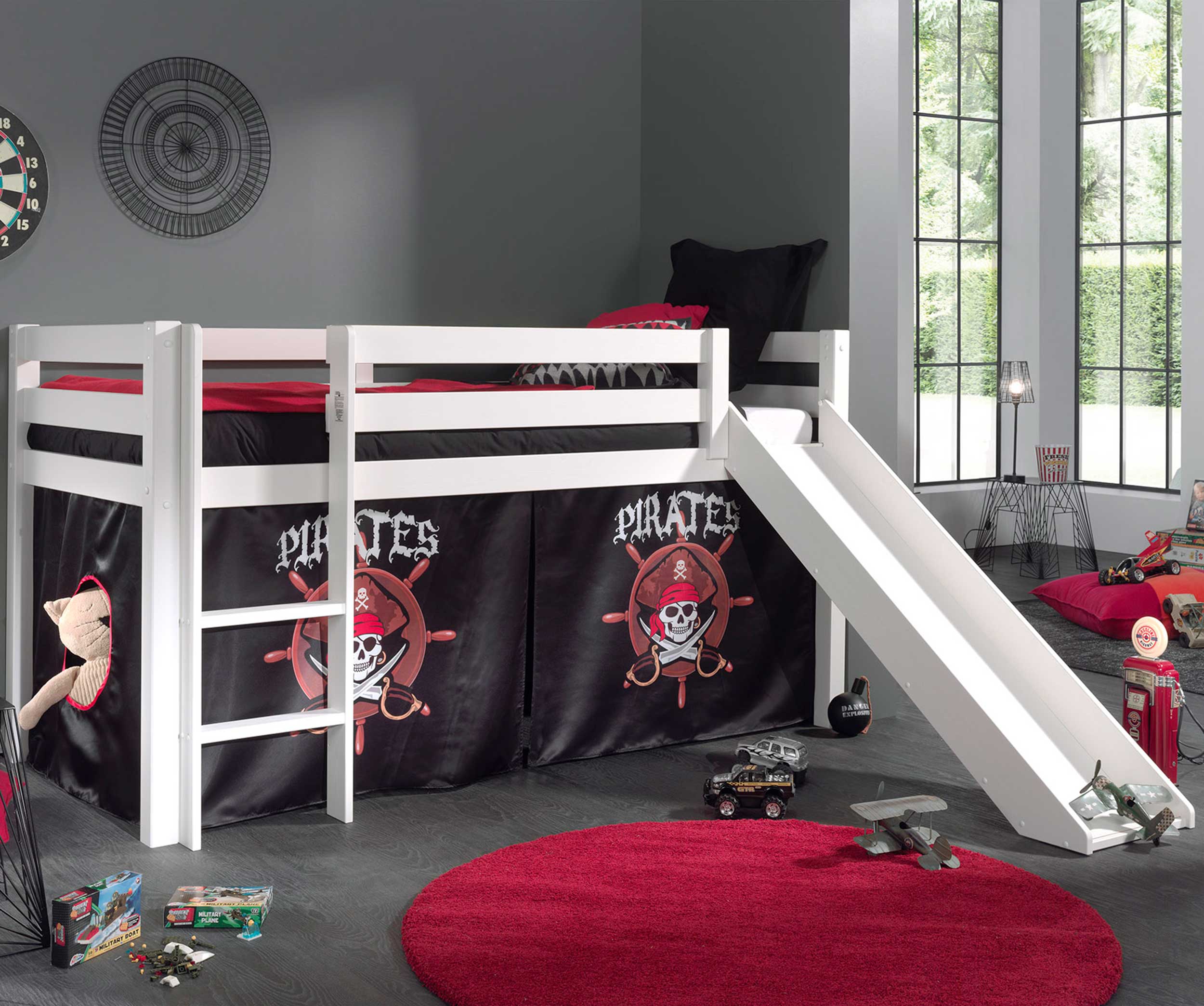 Lit mi-hauteur Astrid blanc avec toboggan - tente pirates