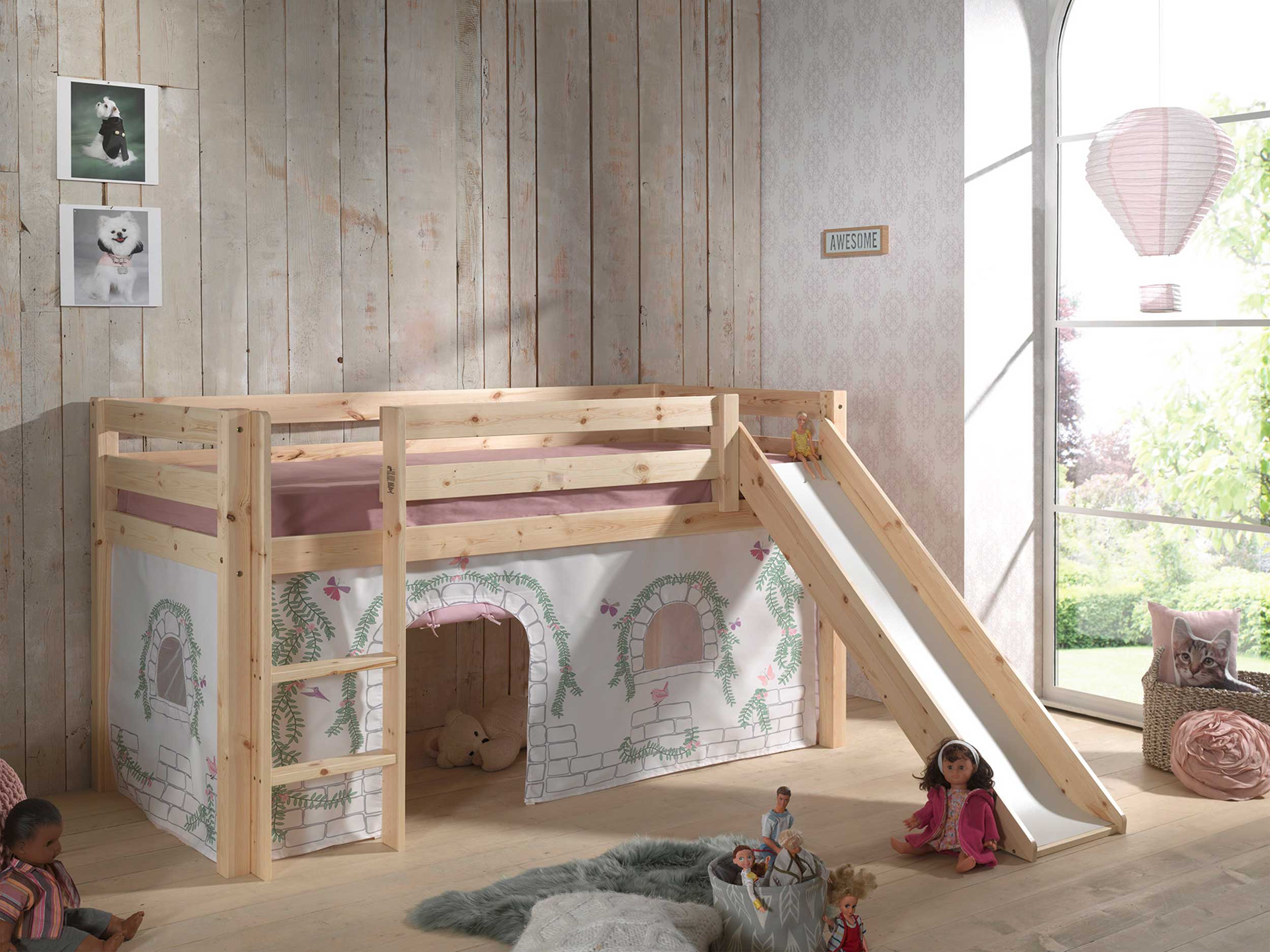 Lit mi-hauteur avec toboggan Astrid avec tente de lit Birdy - bois de pin - Image 5