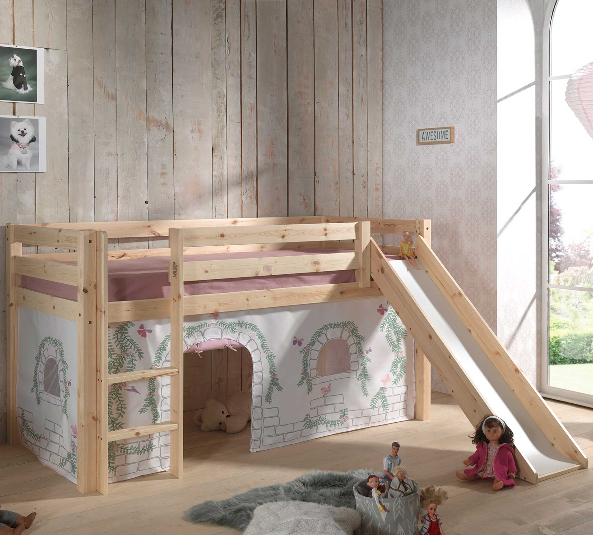 Lit mi-hauteur avec toboggan Astrid avec tente de lit Birdy - bois de pin